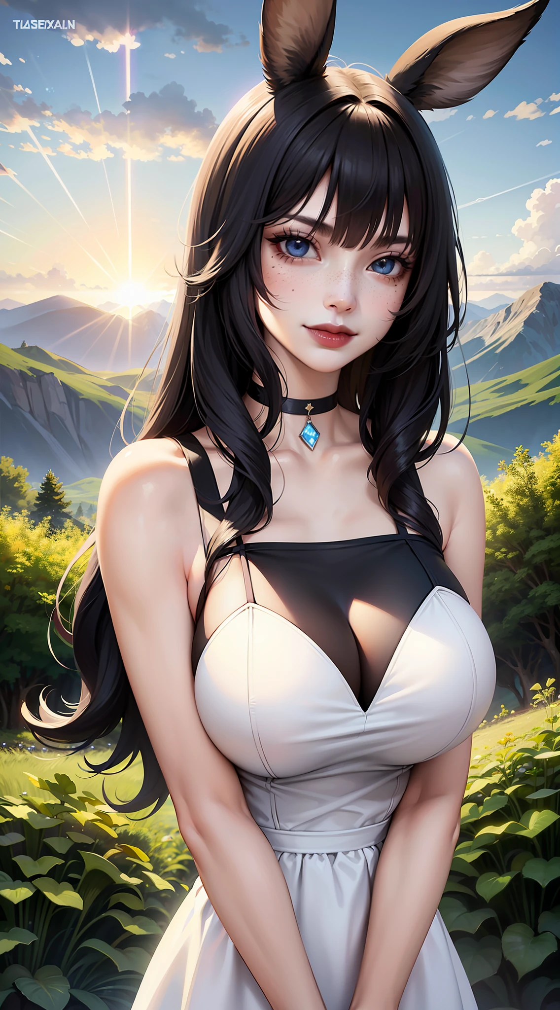 (masterpiece:1.2, best quality), (1lady, solo, upper body:1.2), big tits, shoulder length hair, Minimal dark makeup, Face close-up, Smile, black hair, blue eyes, black furry bunny ears, (((white dress))), (black lipstick), viera, final fantasy xiv, ((seductive)), nipple outline, ((bangs)), choker, mountain, mountainous_horizon, outdoors, sun, sunbeam, sunlight, tree, blue_sky, cloud, cloudy_sky, horizon,lens_flare, light_rays, pale skin, freckles