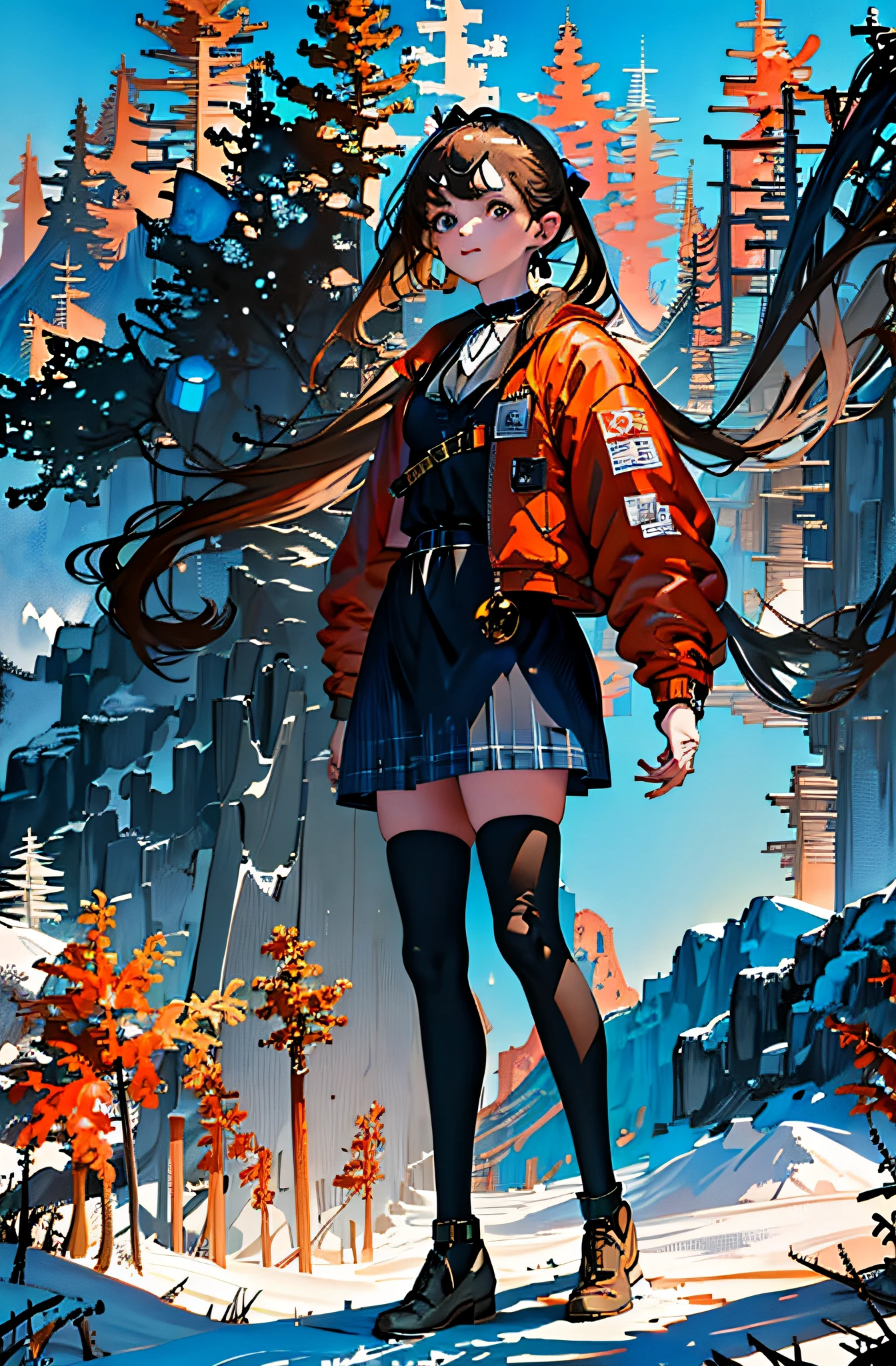 (masterpiece,best quality, detailed), 1980s \(style\), blue sky, day, forest, looking at viewer, mountain, nature, outdoors, tree, 1girl, solo,
shiraki meiko, black thighhighs, plaid skirt, ribbon choker, brown jacket,