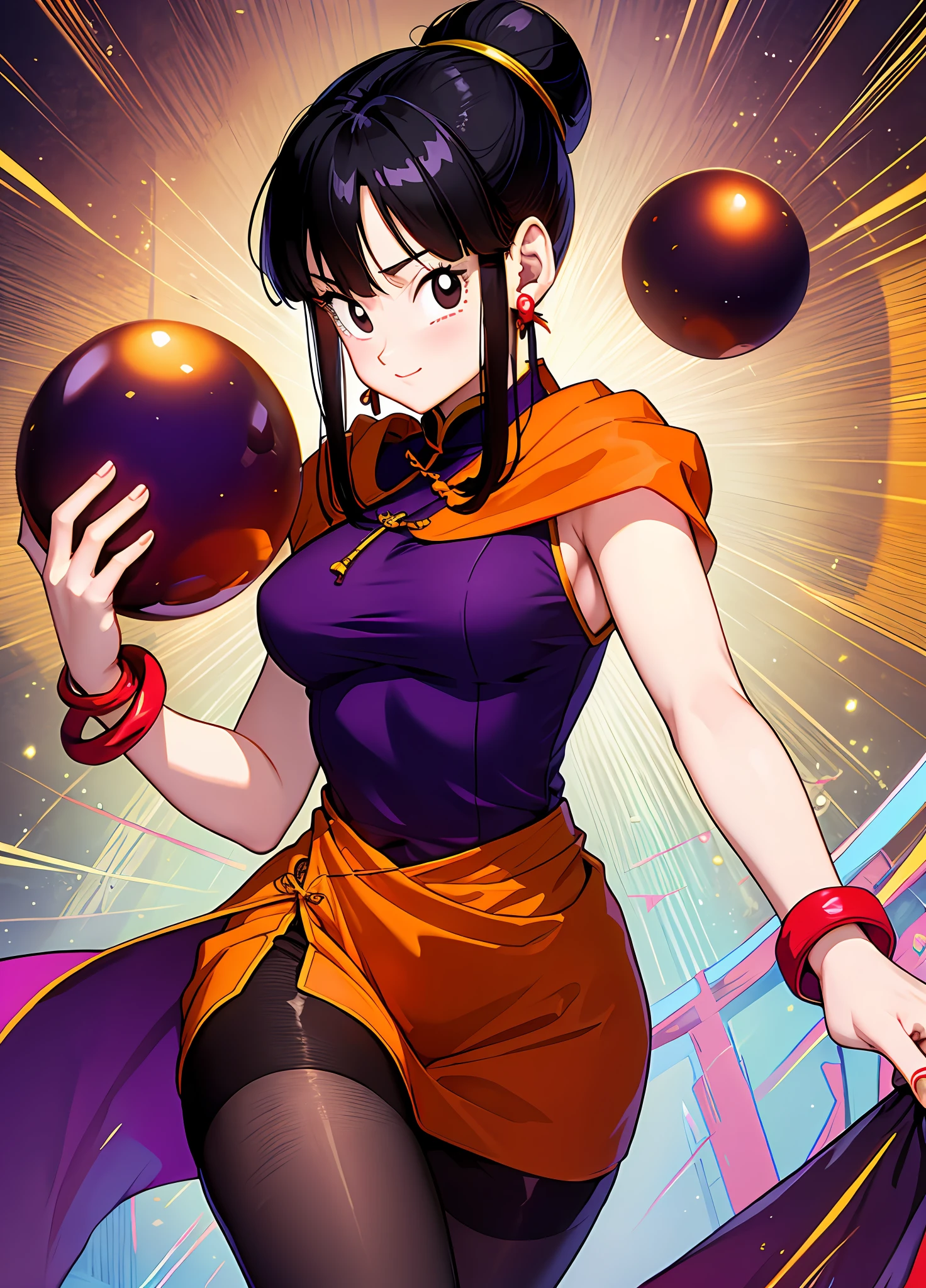 masterpiece, best quality, highest quality, perfect anatomy, perfect face, perfect eyes,
1girl, dbzch1ch1, sidelocks, bangs, single hair bun, hair bun, (black eyes), orange pashmina wrap, red sphere earrings , red wristbands, purple cheongsam, sexy  pose, sexy legs