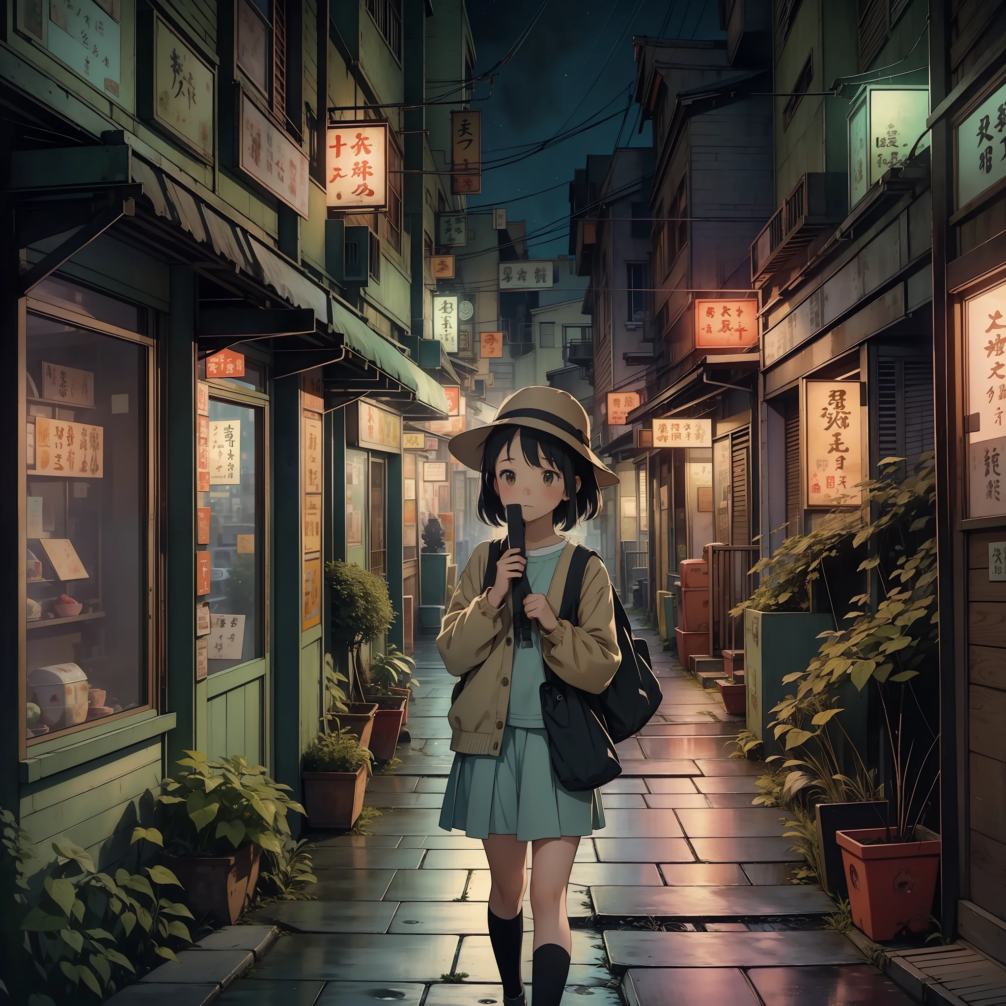 A mixed-media piece that transports viewers into a whimsical world inspired by the visual aesthetics of Studio Ghibli. The artwork depicts a charming night-time stroll through a nostalgic town. Employ a combination of traditional and digital artistic mediums, such as watercolor and digital painting, to create a unique blend of textures and styles. The composition focuses on a solitary  girl, her posture conveying a sense of solitude and introspection. The color palette draws inspiration from Ghibli films, featuring warm and earthy tones, with splashes of soft pastels and hints of magical luminescence. The artwork captures the beauty and serenity of the scene, invoking a feeling of familiarity and nostalgia that touches the hearts of all who gaze upon it.