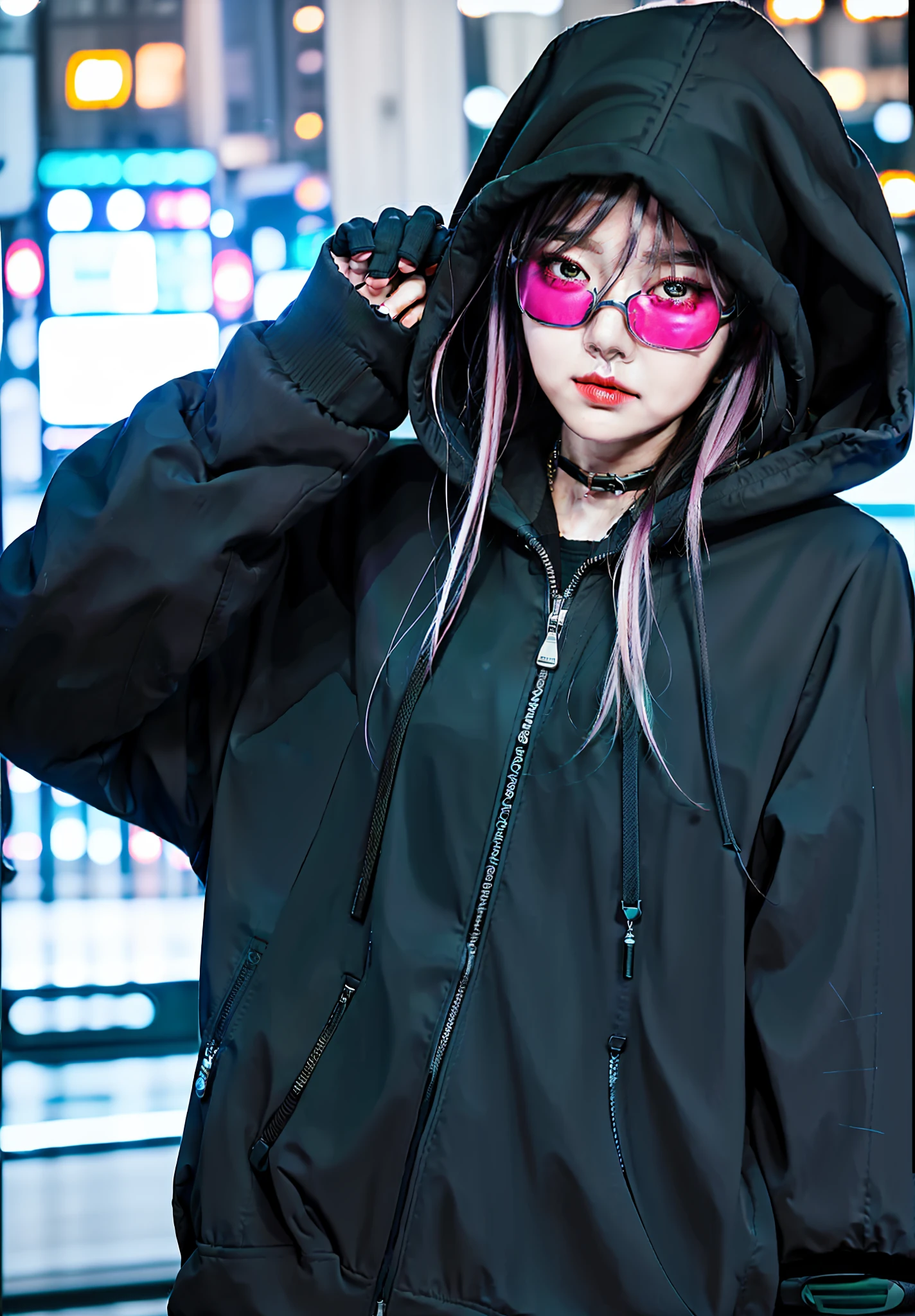 masterpiece, best quality, 1girl, photorealistic, 20 years old woman, ultra detail, black hoodie, black mask, full body, standing ashetic pose, smooke effect, blue futuristic particle, futuristic, hair to front, forehead, wearing hoodie, looking at another view, outdoor, lonely city night, smog,