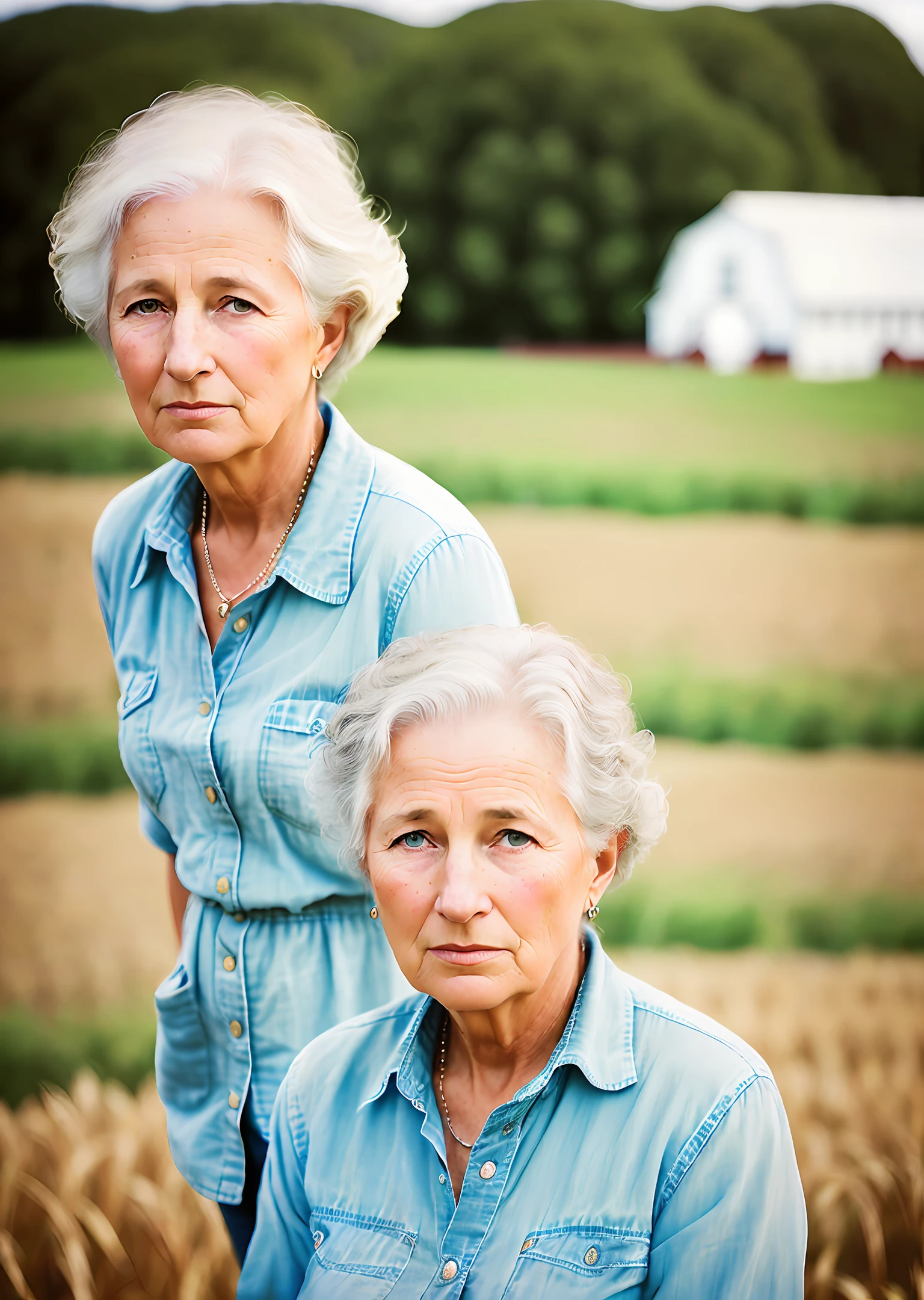 A portrait photograph of a beautiful (((70 years)) woman, award-winning photo, best quality, with a blurred farm in the background, portrait by Annie Leibovitz, Canon 5D Mark II, film, professional photography, (rich colors:1.1), hyper realistic, realistic texture, (natural lighting: 1.1), (Canon EF 85mm f/1.4L IS USM)