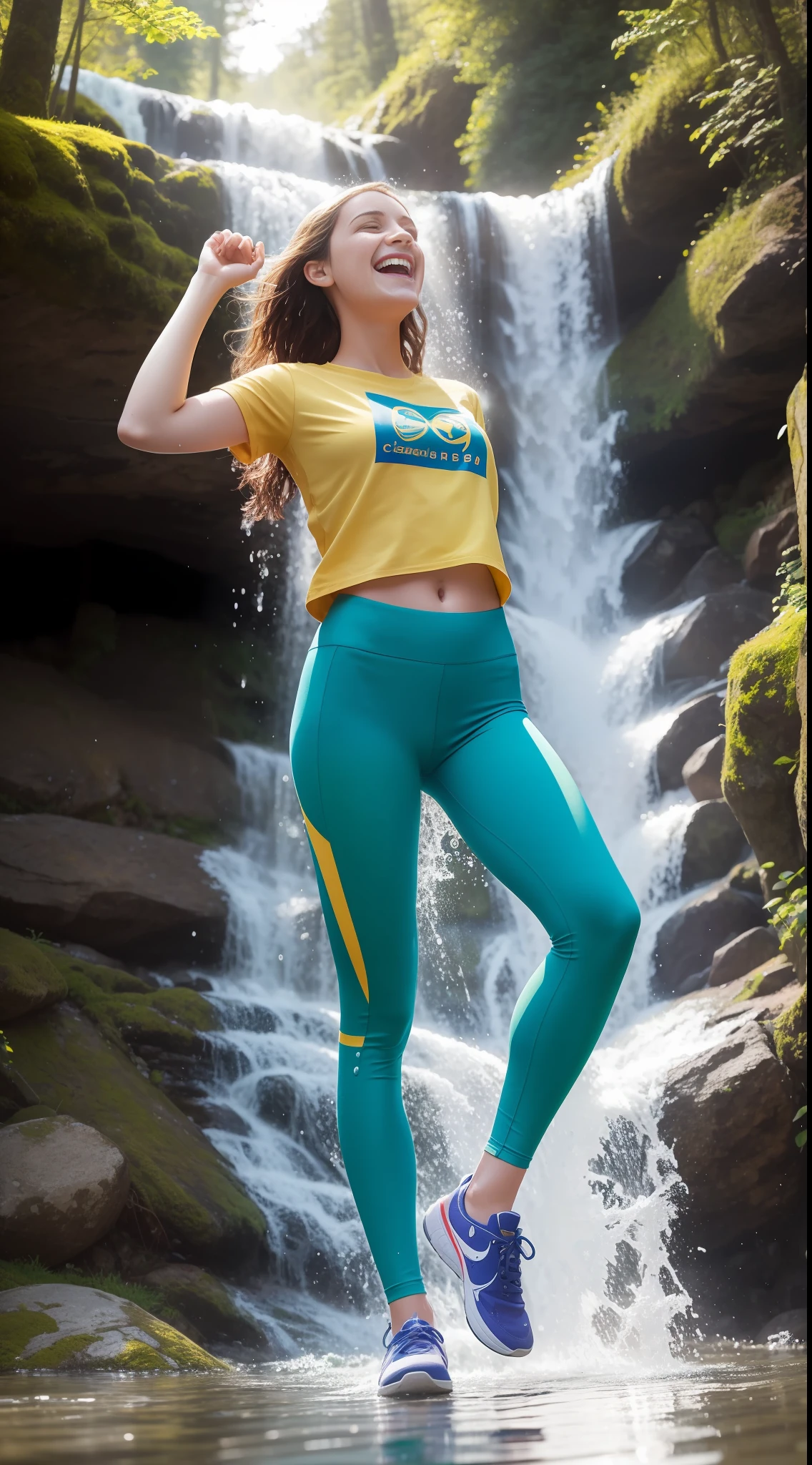 Woman, 20 years old, European, wearing a yellow Tshirt with a blue logo, green leggings, shoes, directly under cascade flow, being drenched, forest, laughing surprised, sunny day, realistic, cold water
