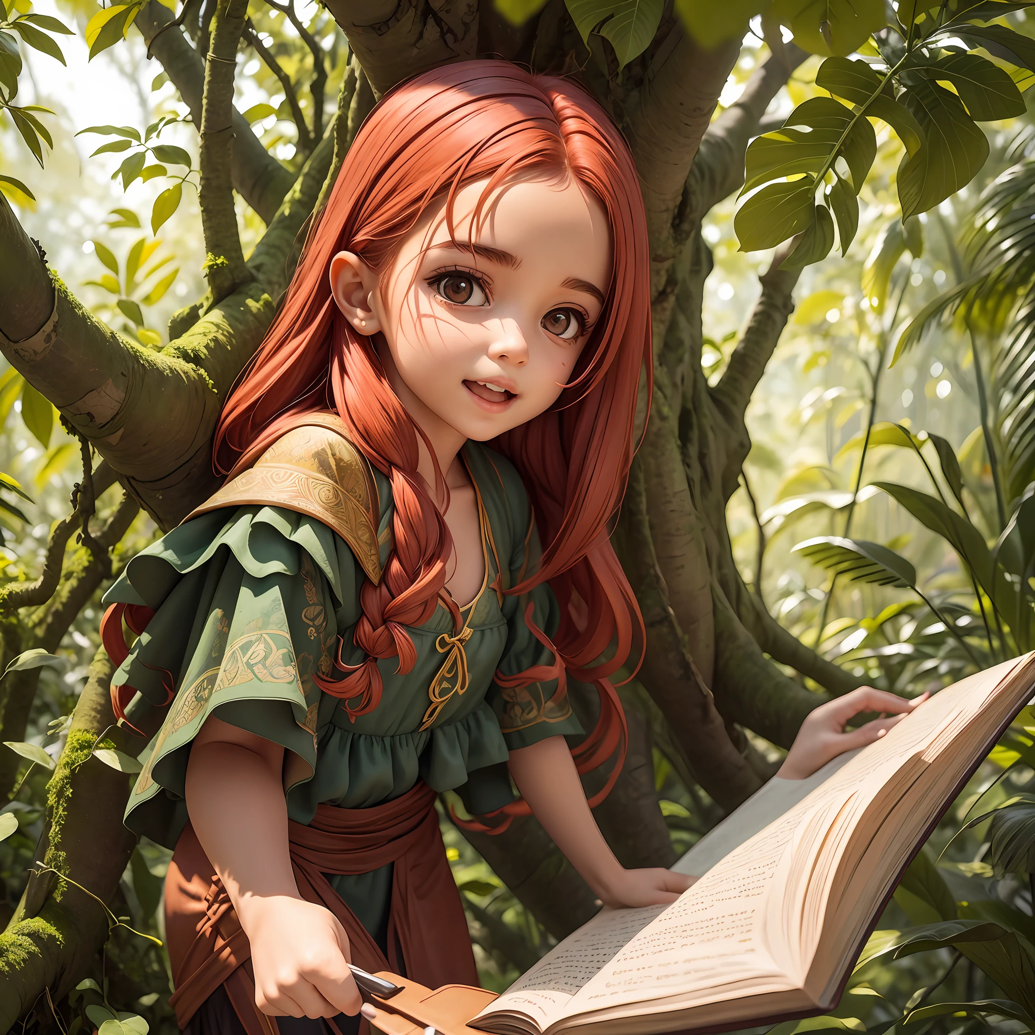 Tainá, the curious girl with red hair and bright eyes, Stilo cartoon, is standing before an imposing tree with a twisted trunk. She holds in her hands a worn-out old book, found in a hole hidden over the exposed roots. Soft sunlight streams through the verdant leaves of the tree, creating a mosaic of dancing shadows around Tainá. Her face is filled with excitement and wonder as she opens the yellowed pages of the book, about to uncover long-forgotten secrets. --auto --s2