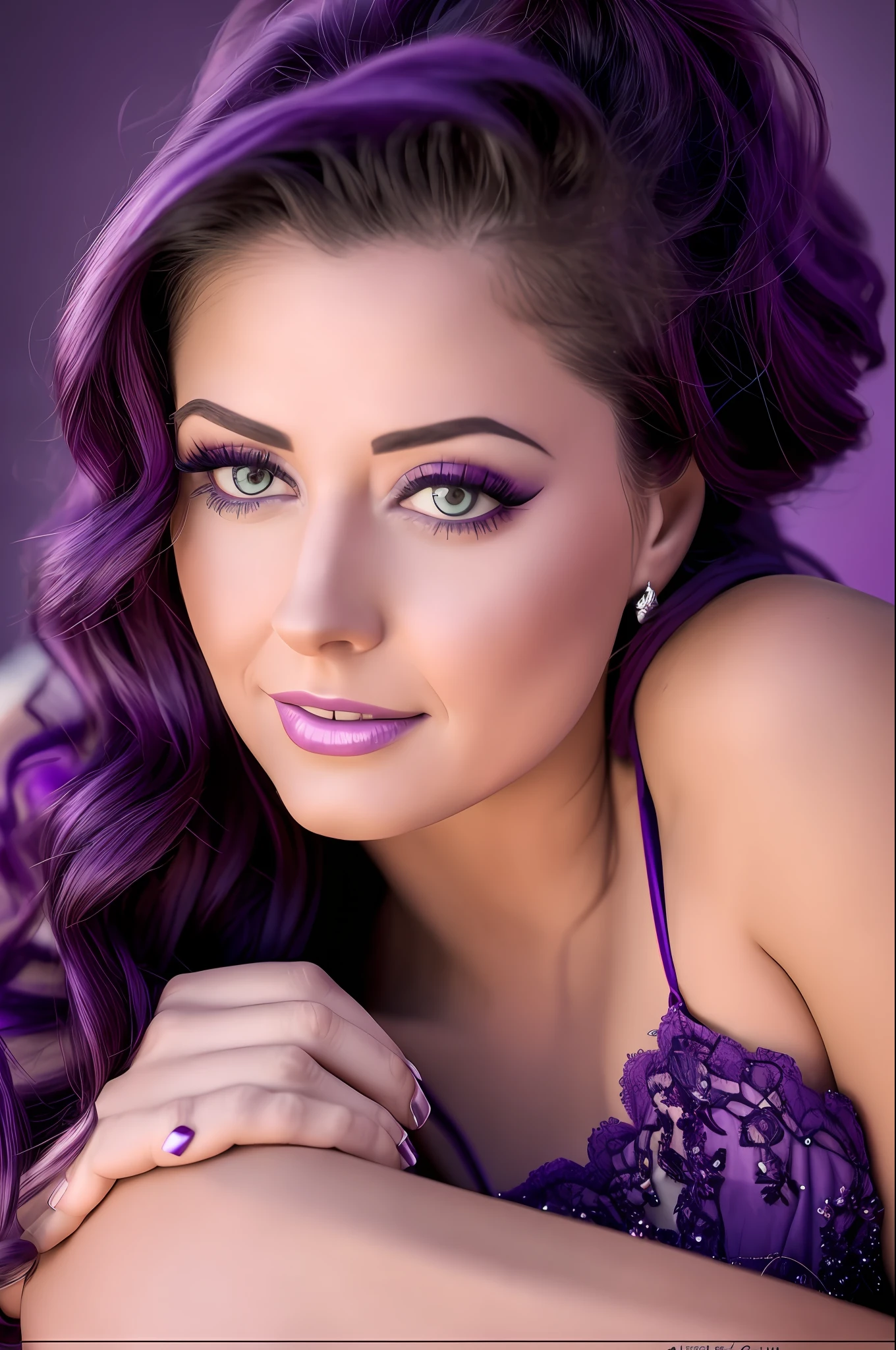 a close up of a woman in a purple dress laying on a bed, garbed in a purple gown, dressed in purple, violet myers, purple dress, mid shot portrait, glamour photography, draped in purple, purple themed, alanis guillen, 4 k glamour photography, inspired by Izzy Medrano, glamour shot, detailed portrait shot, purple outfit --auto --s2