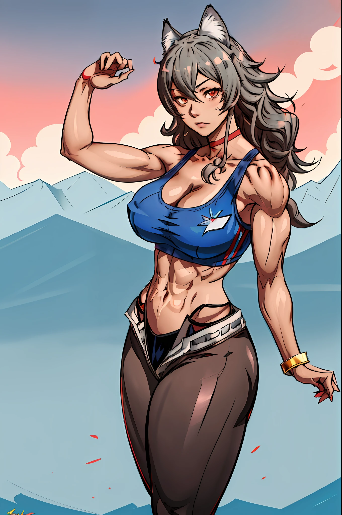 1girl, highres, sharp focus, pixiv masterpiece, ((intricate details)), highly detailed, one eye, detailed eyes, brown skin, gray hair, cat ears, muscular, costume: sportswear, leggings, sports bra, joy ride style, ilya kuvshinov,Anime Moe Artstyle, female anime character, anime character, clothes in red and blue colors,