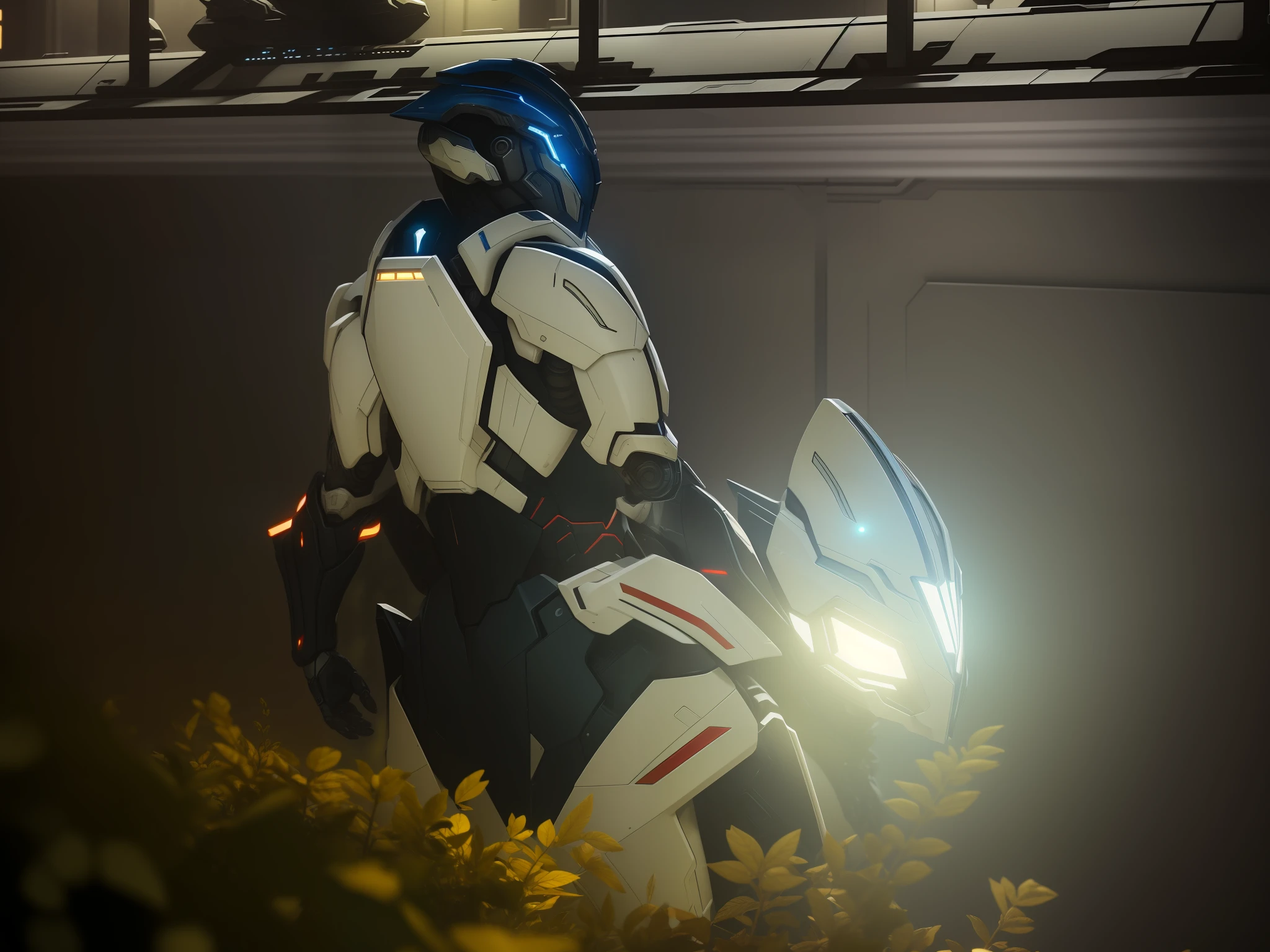 (Masterpiece: 1.2), Best Quality, High Score, Uniform 8k Wallpaper, (Illustration: 1.0), Beautiful Detailed, Very Detailed, Perfect Lighting, Very Detailed CG, Glowing Eyes, Backlight, Armor, Mecha, Warframe, Humanoid Robot, Helmet, Sample Background, Weapon, Blue Armor, Looking at the Audience, Solo, Perspective,