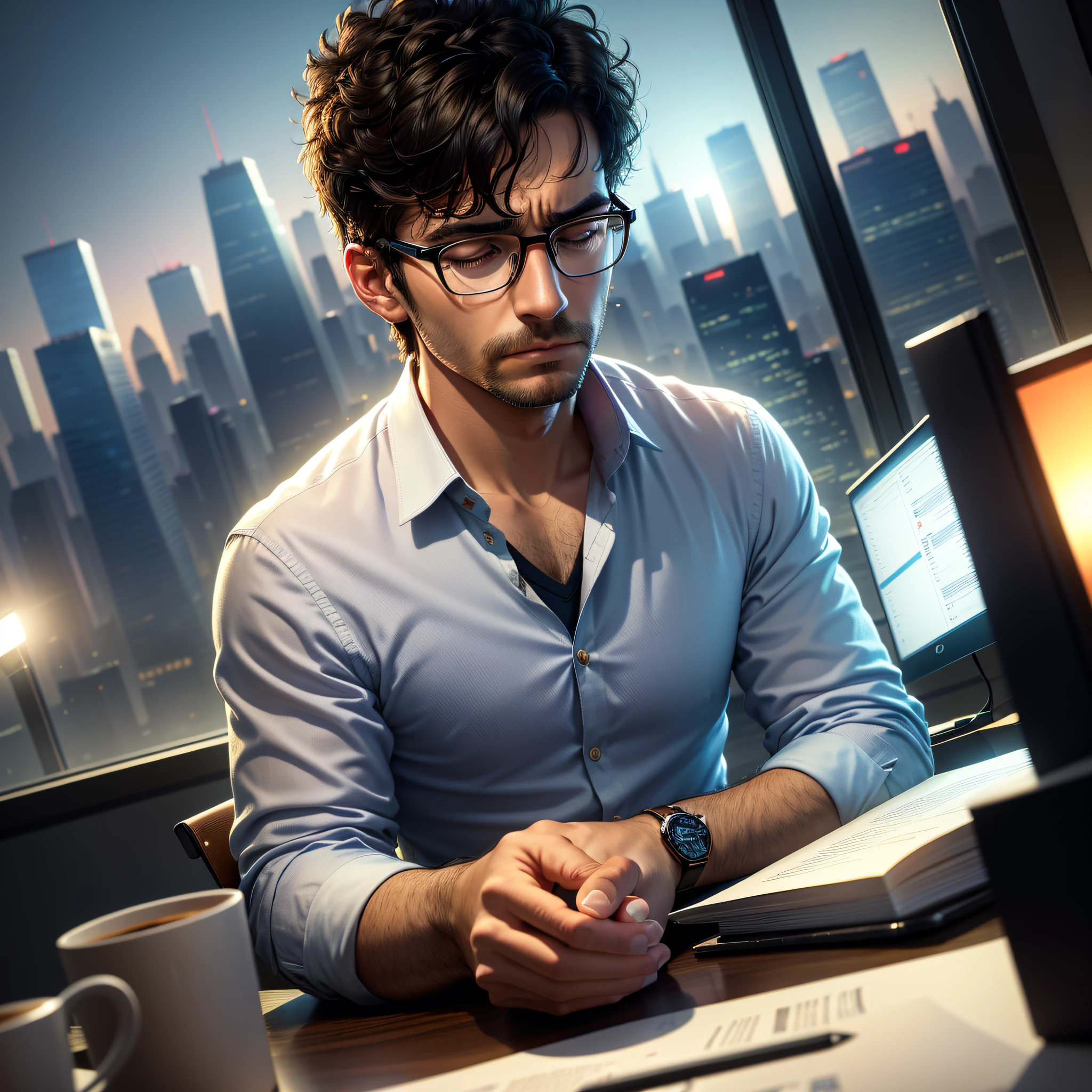 (extremely detailed CG high-definition illustration, top-tier masterpiece),(oppressive office, dim lighting, panoramic shot of a man sitting at a desk surrounded by piles of files),(exhausted and tired, with short black hair and glasses, resting his head on his hand as if in deep thought, opening a laptop, with a smoking coffee beside him, close-up shot emphasizing his fatigue),(night view of the city outside the window)