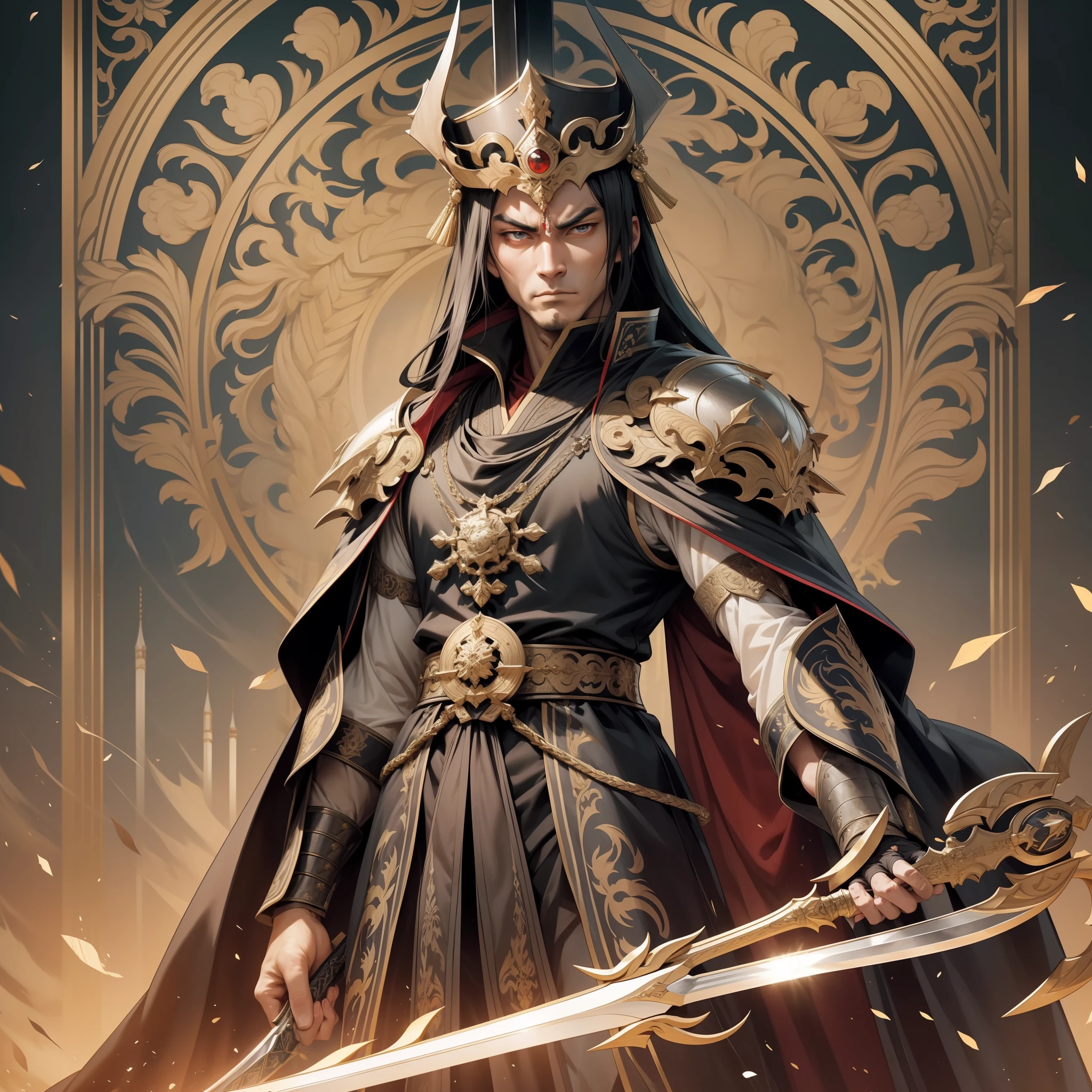 An emperor, domineering, majestic and solemn, dignified face, sharp eyes, ((holding a weapon)), power, determination, gorgeous imperial clothing, dragon robes, battle robes, status, authority, head held high, looking down on the world, best quality, photo quality, CG quality, 8K