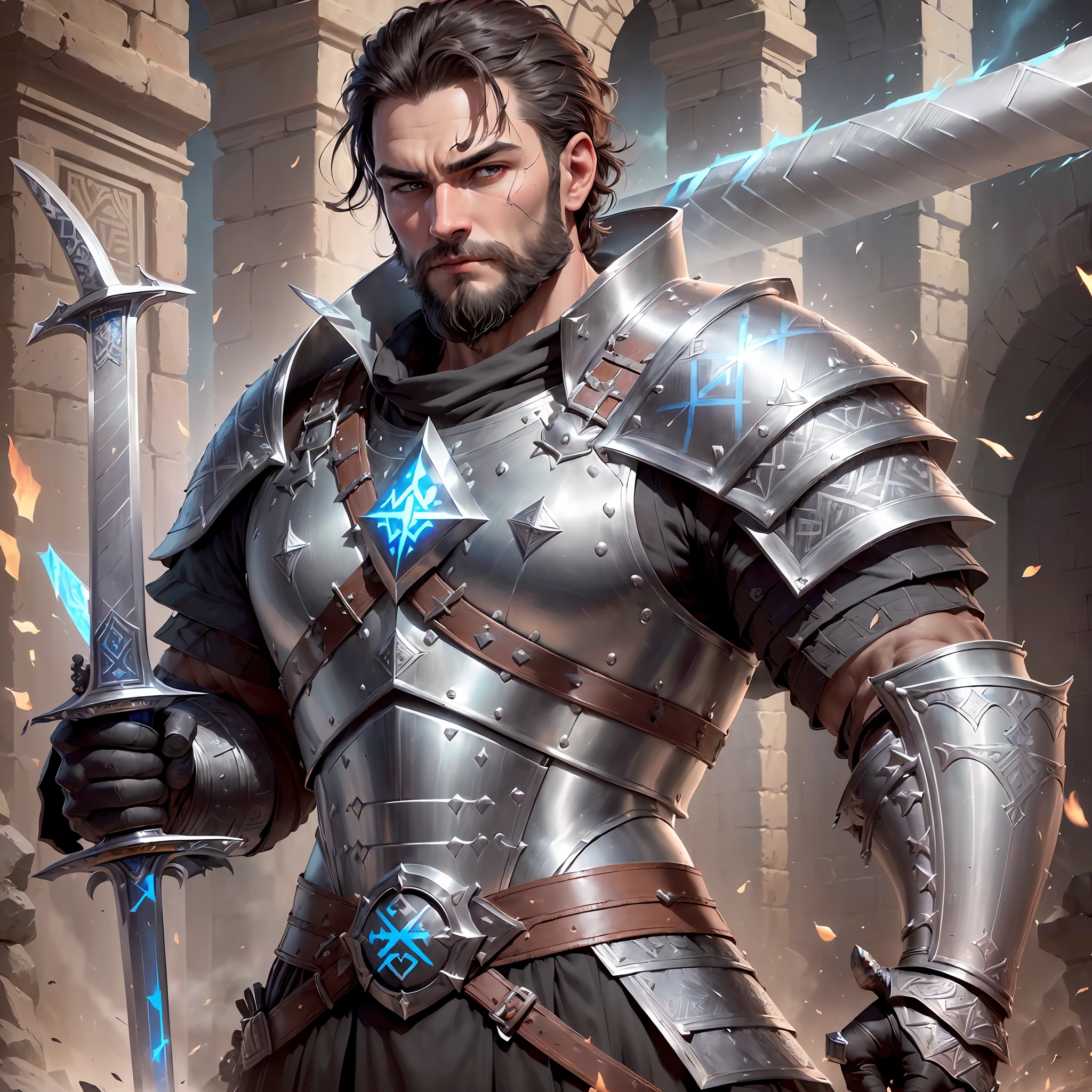 ((ultra detail, high resolution, ultra detailed, best quality, amazing, top quality, extremely detailed CG 8k wallpaper unit, cinematic lighting, semi-realistic)), ((medieval)), middle ages, dark ages, ((solo)), ((man, imposing man, stout man)), (((full body)), ((athletic body, male body, manly body, ultra defined muscles, defined muscles)), ((short size hair, dark brown hair, gray locks, short hair, very short hair, thick hair)), ((detailed eyes, deep eyes, blue eyes, intense eyes, piercing eyes)), ((neatly trimmed beard, trimmed beard)), ((warrior garments, heavy armor, sturdy armor, metal plate armor, armor covering the whole body, armor with a symbol of an ancient clan)), ((swords, two-handed swords, swords of gleaming blades, swords with runic engravings)) --auto --s2