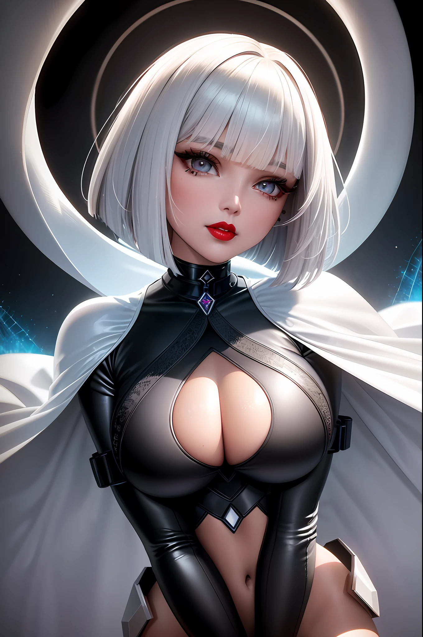 (Masterpiece) realistic BIG bust to the pelvic area of a beauty hyperrealist & photorealist beauty young astonishing idol kpop KNIGHT QUEEN girl in highly & extremely detailed black & white futuristic combat suit body (WITH IRON TEXTURE) with cape & scarf (masterpiece), magic & incantation glowing flying surrounded her, Unity 8k, pearly perfect tanned wet skin with pores (short bob cut hair with colorful bangs fringes) ((perfect face shapes, complete perfect red lips, perfect nose, correct beautiful eyes, eyelashes, detailed intricate iris textured face in ZBrush)), full HD vines, midnight aura, BLOODBOURNE style aesthetic, developed by Unreal Engine 5, Ultra Sharp Focus, Art by Alberto Seveso, Sci-Fi, vibrant & intricate Artwork, golden Ratio, epic