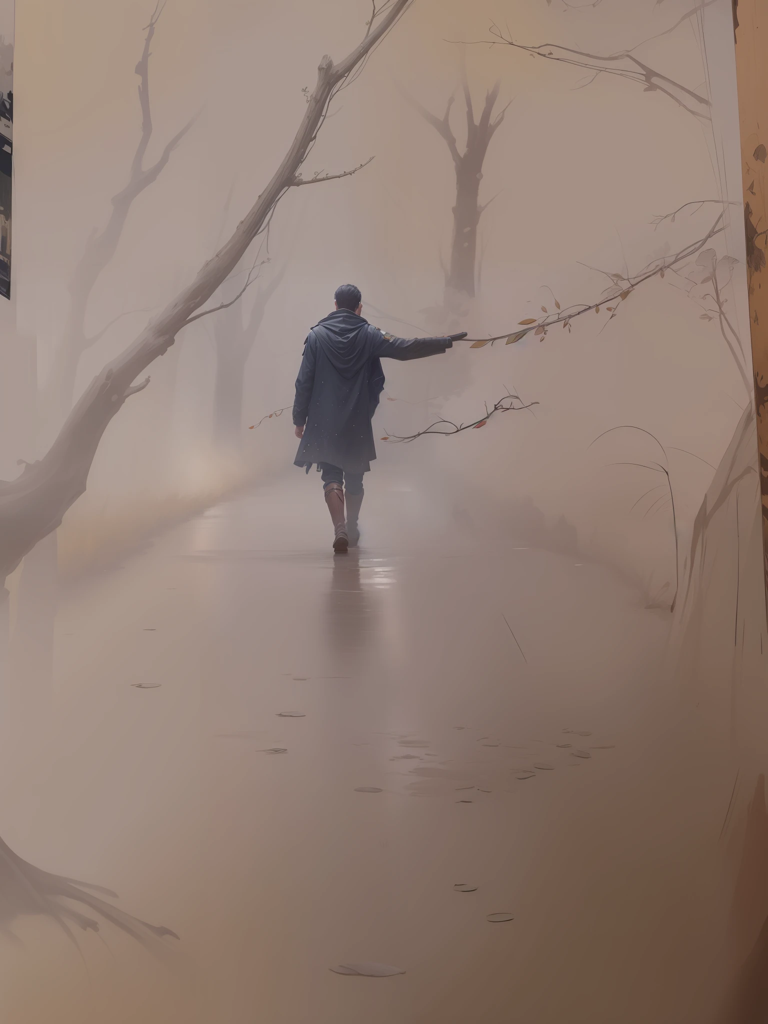 masterpiece, best quality, Alley of yellow leaves, sun, man in our direction walking along a narrow path, dense forest, puddles, slush, wet green grass, bottom view, drawing ((well-detailed forest)), (extremely detailed 8k CG wallpaper), professional majestic oil painting by Ed Blinky, Ateya Gailan, Studio Ghibli, Jeremy Mann, Greg Manchess, Antonio Moro, trend in ArtStation, trends in CGSociety, Intricate, High Detail, Sharp Focus, dramatic and photorealistic painting by Midjourney and Greg Rutkowski
