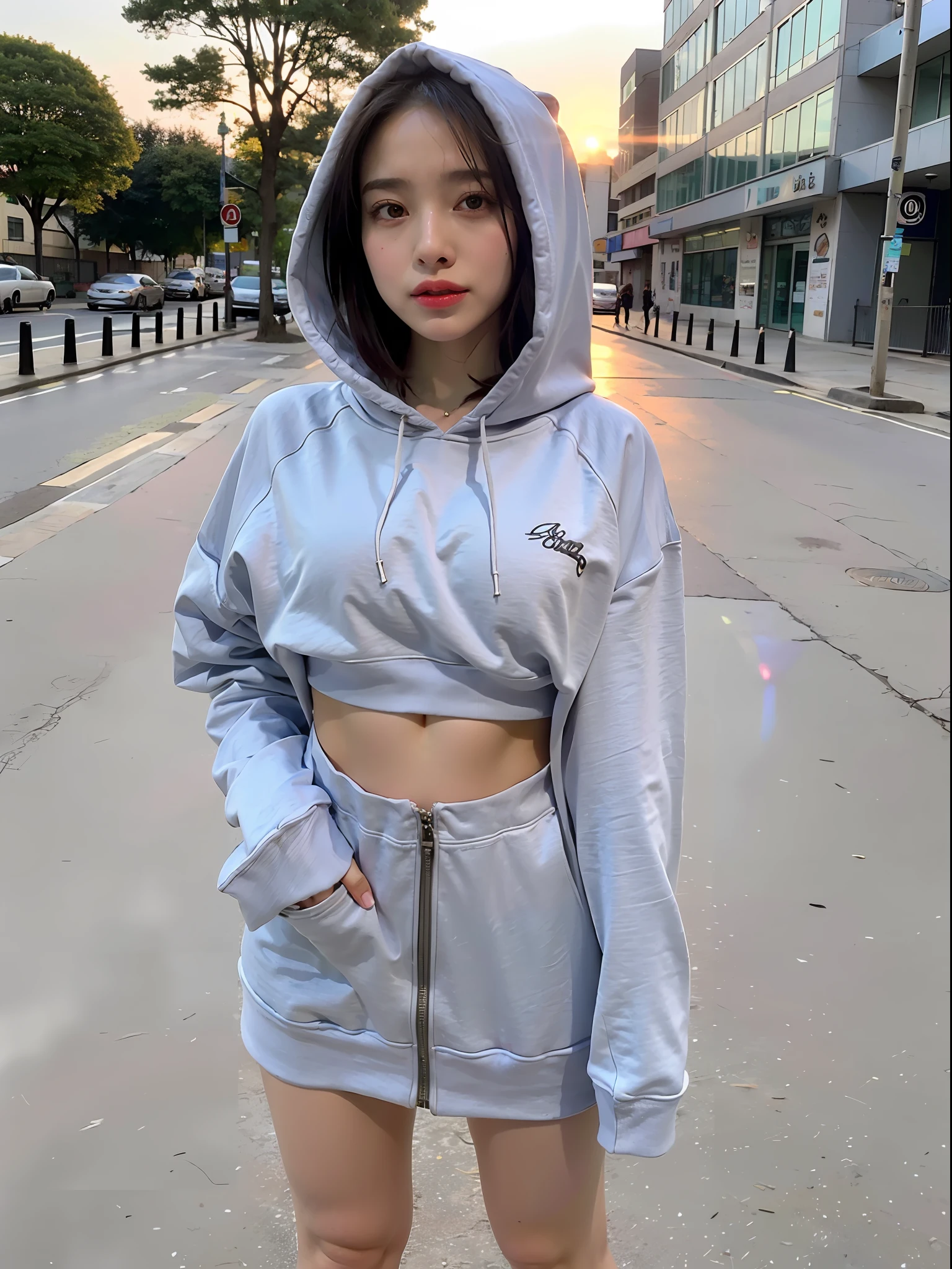 1girl, wearing hoodie, medium breasted, slender figure, slim abs, shiny sweating skin, thick thighs, in the street, sunset, (masterpiece),(best quality),raw photo, realistic, naked-hoodie