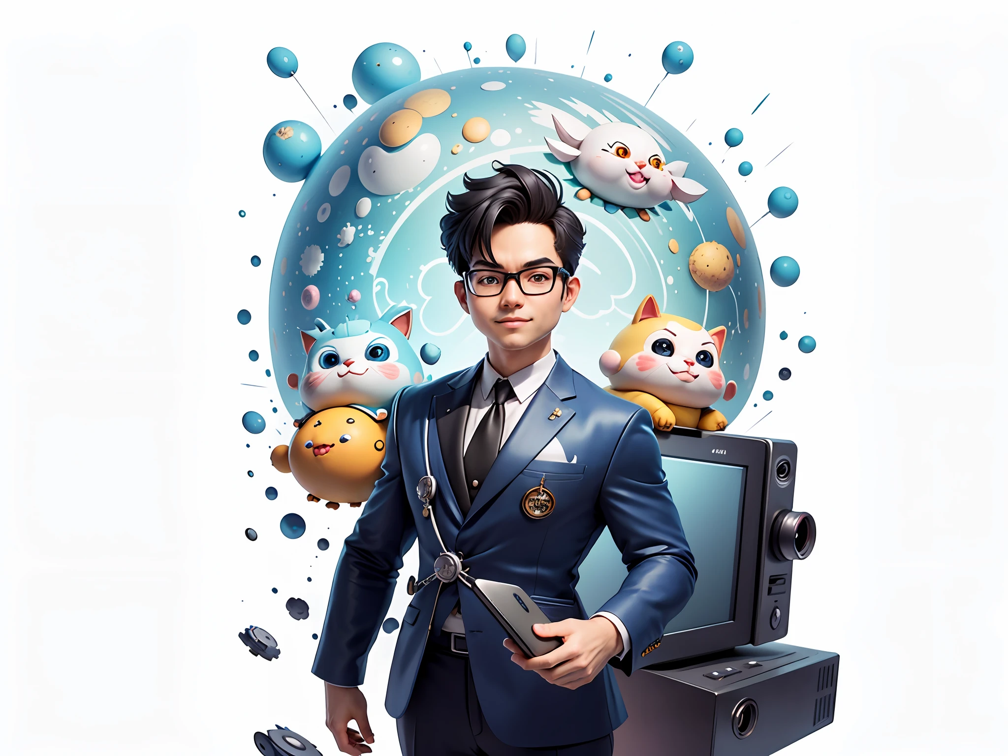 Masterpiece), (Excellent), (Super Meticulous), (Full Body: 1.2), Super Young Woman, Beautiful, Sexy, Bursting, Oriental Face, TV Anchor, Bust Portrait Illustration, Alone, Black Suit, Blue Tie, Silver Glasses, Slightly Chubby Face, Very Clean Face, No Beard, Black Super Short Hair, Black Eyes, Confident Smile, 3c Computer Sub-Products, iPad, iPhone, Digital Painting, 3D Character Design by Akira Toriyama with Mark Claireden and Pixar and Hayao Miyazaki, The illustration is a high-definition illustration in 4K resolution with very detailed facial features and cartoon-style visuals.