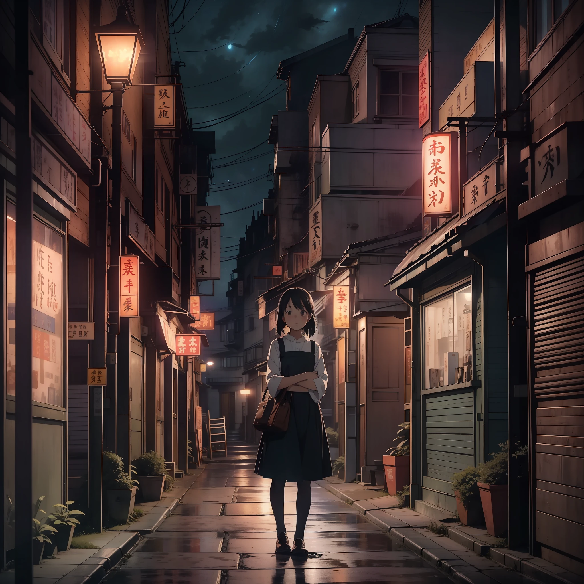 A captivating photograph that brings to life the essence of a Studio Ghibli-inspired world. The scene is set in a picturesque town at night, exuding a nostalgic charm. The composition captures a solitary girl, her figure gracefully silhouetted against the warm glow of street lamps. Utilize low-key lighting techniques to create a cinematic atmosphere, emphasizing the mood and mystery of the scene. The color palette features soft, muted tones, reflecting the enchanting ambiance of Ghibli films. The composition frames the girl in a way that highlights the beauty of her silhouette and the surroundings, with the vast, starry sky above serving as a backdrop that evokes a sense of wonder and longing.