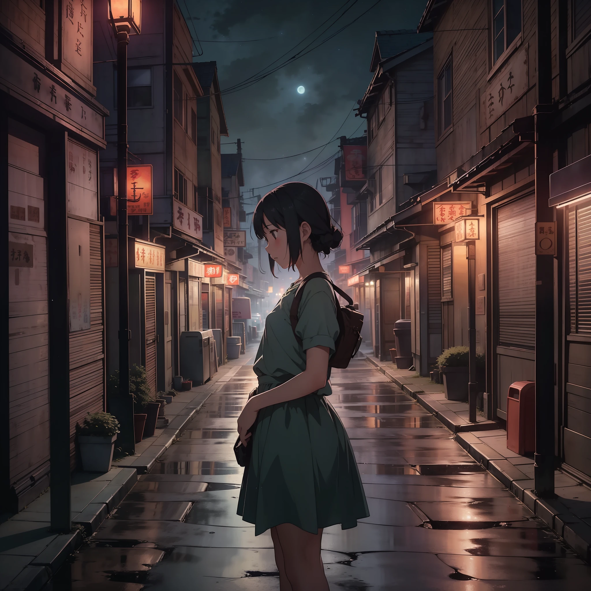A captivating photograph that brings to life the essence of a Studio Ghibli-inspired world. The scene is set in a picturesque town at night, exuding a nostalgic charm. The composition captures a solitary junior high school girl, her figure gracefully silhouetted against the warm glow of street lamps. Utilize low-key lighting techniques to create a cinematic atmosphere, emphasizing the mood and mystery of the scene. The color palette features soft, muted tones, reflecting the enchanting ambiance of Ghibli films. The composition frames the girl in a way that highlights the beauty of her silhouette and the surroundings, with the vast, starry sky above serving as a backdrop that evokes a sense of wonder and longing.