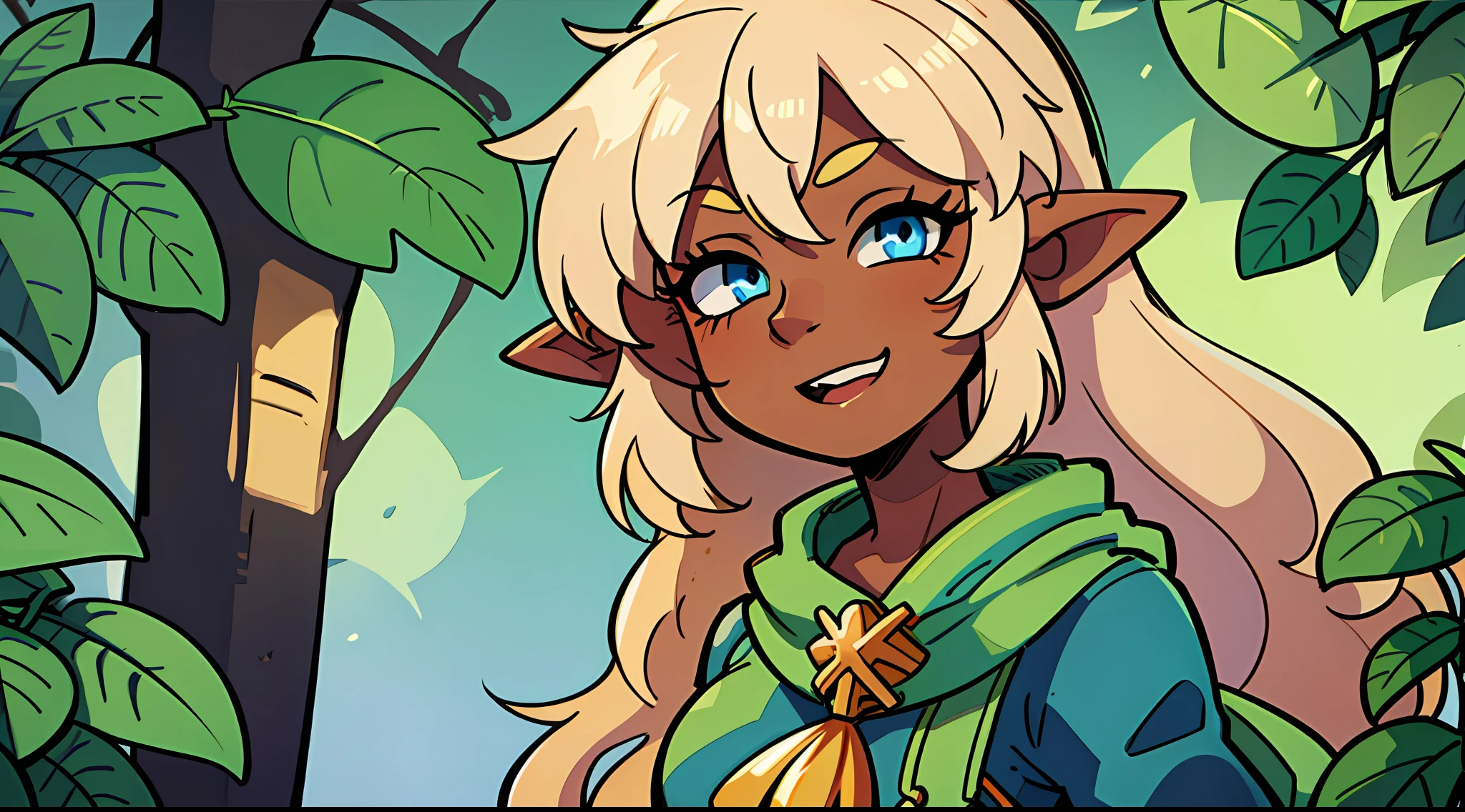 Elf girl, dark skinned, blonde hair, bright-green clothing, blue eyes