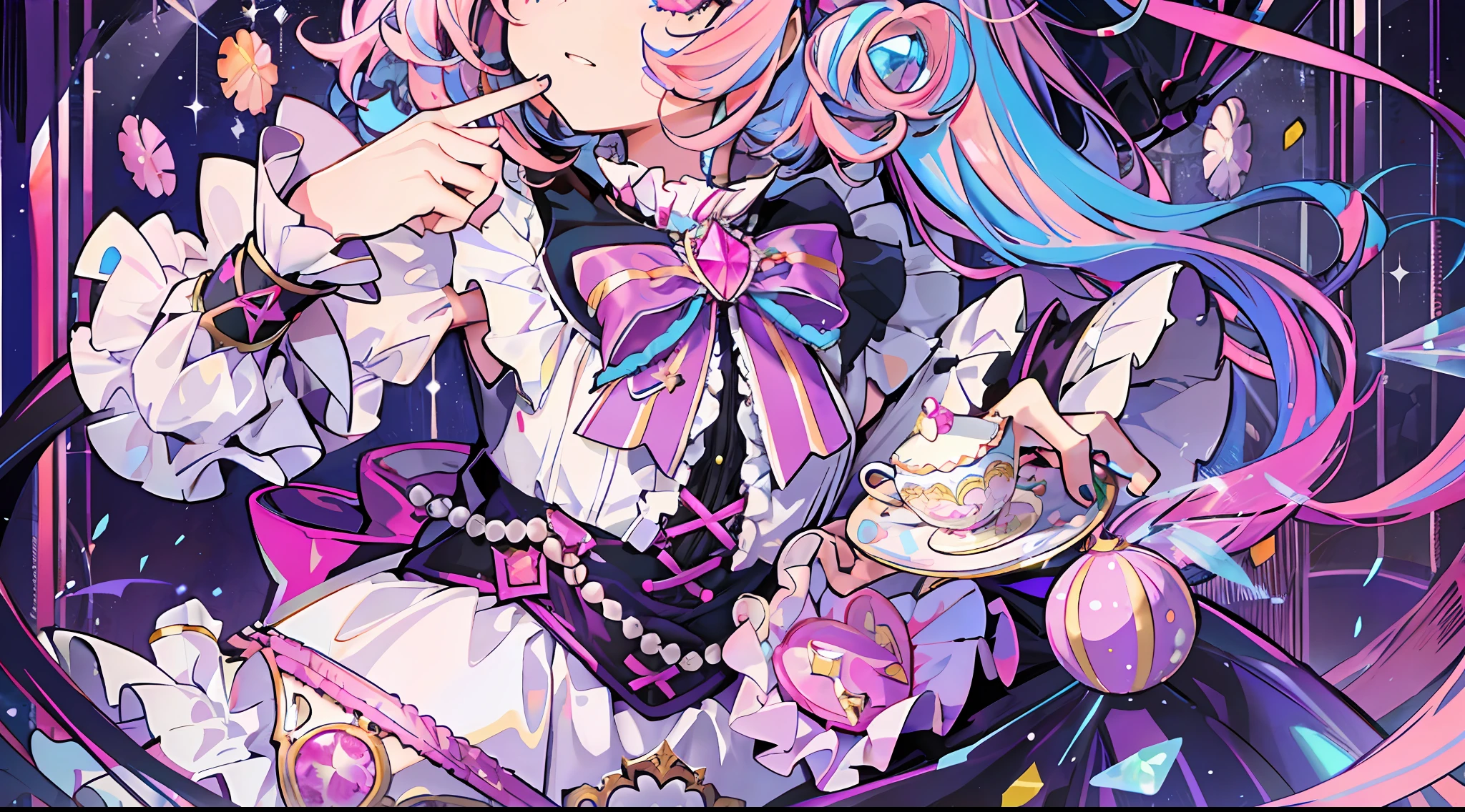 1girl, extreme detail, ta, loliashion, frills, intricate and gorgeous, gloves, afternoon tea, ponette hat, curly hair, macarons, cream, colorful, pink hair, blue hair, gradient pick dye, candy, shiny crystal, shiny, light particles, dynamic pose, dramatic composition, candy hair accessories, colorful dresses, pearls, flowers, embroidery, gem-set