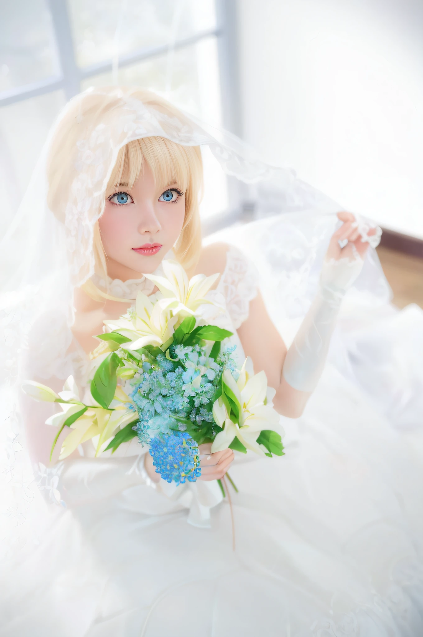 (RAW photo:1.4), (photorealistic:1.7),(intricate details:1.2),(masterpiece:1.3),(best quality:1.4), (ultra highres:1.2), Beautiful face, upon_body, tyndall effect, atmospheric perspective, dark studio, rim lighting, two tone lighting,(high detailed skin:1.2), 8k uhd, dslr, soft lighting, high quality, volumetric lighting, candid, Photograph, high resolution, 4k, 8k, Bokeh, with a sinister castle looming in the distance, castle background, beautiful castle background, ((detailed wedding veil with flowers)), long white gloves,((white lace wedding dress)), sitting down, sitting, outdoors, outside