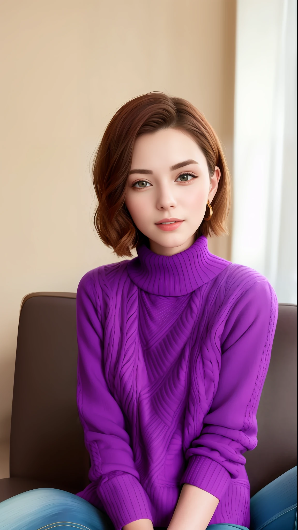 Woman in purple sweater sitting on sofa, 8k selfie photo, short hair, feminine and moving, book house background