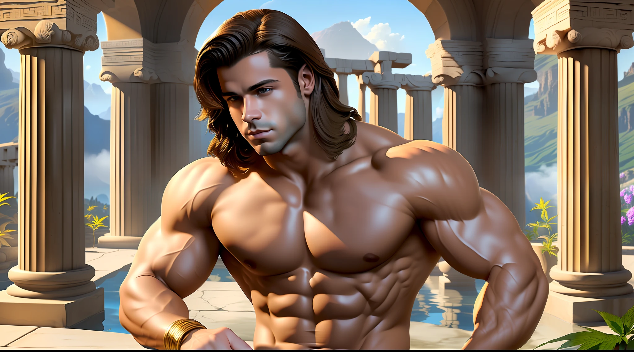 1boy, solo, Beautiful mythological young demigod, (super buff and cool), (perfect narrow waist), (cumgutters), (perfect tan skin), with chestnut hair that flows like a stallion's mane, Boyishly handsome face (Cody Calafiore+(Joey Lawrence as Joey Russo)), clean shaven, in a temple (greek key, cannabis plants, water), (white cloth), extremely detailed, amazing, fine detail, flawless anatomy, unrealengine, best quality, 8k uhd, masterpiece in the style of Maxfield Parrish, classical mythology, light reflections, volumetric fog, soft and dreamy, deco vibes
