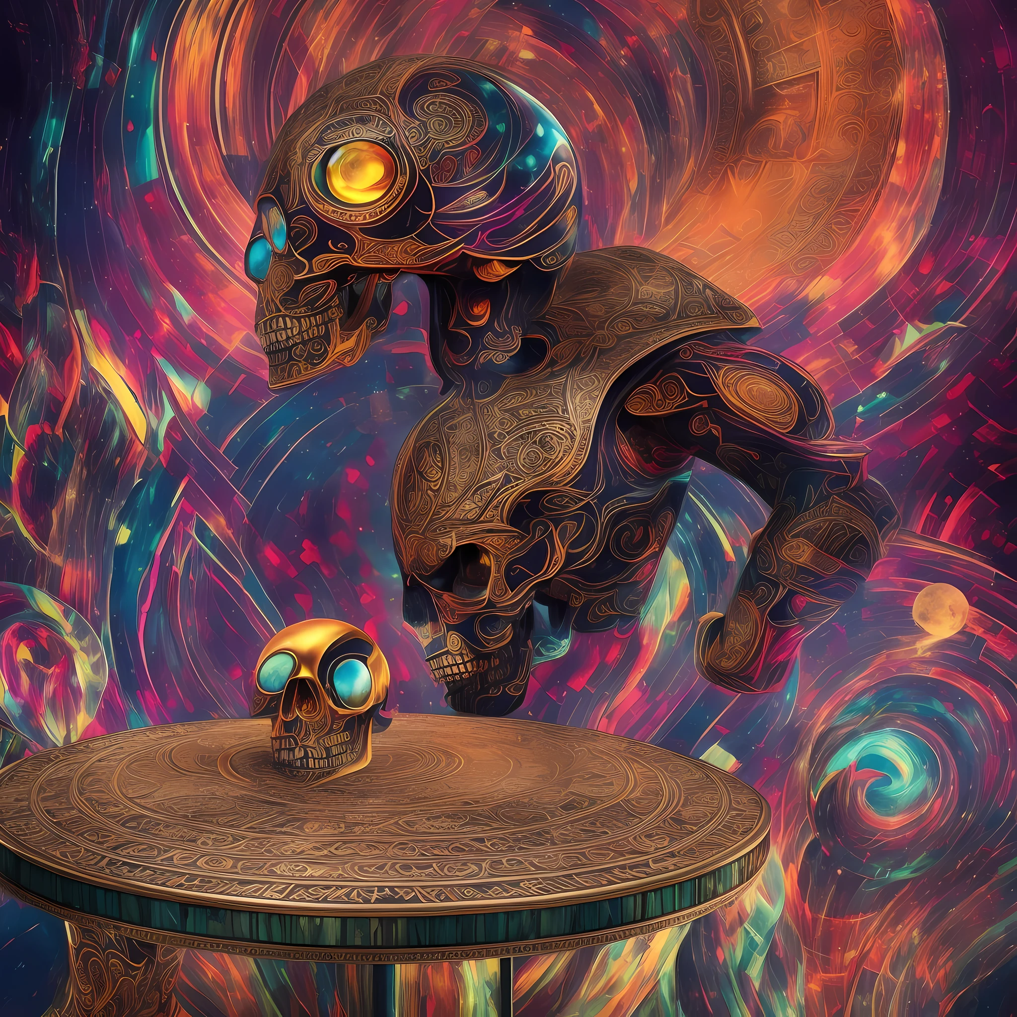 skull with bulging eye, ninja skull, art deco skull, full 4k face, skull well balanced in colors, with dark background, animalistic background with blur as if quoted with a moon in the center, thunder, lightning, luminous, dynamic, cent broken skull in two, but not exactly, with 2 chairs and a table in the center, podcast, 100 of the broken cane with lights bouncing off the table and chair, with splashes of colored cutouts, with elemental being crushed, shattering everything around it, everything in the cracked main floor with saine panque art custom fashion with depth and upholstery with microphone on wrestling table with portal dark flames lapera mic old music microphone oversized microphone microphone shaped tentacles,a full dimensional image cracking in the center --auto --s2