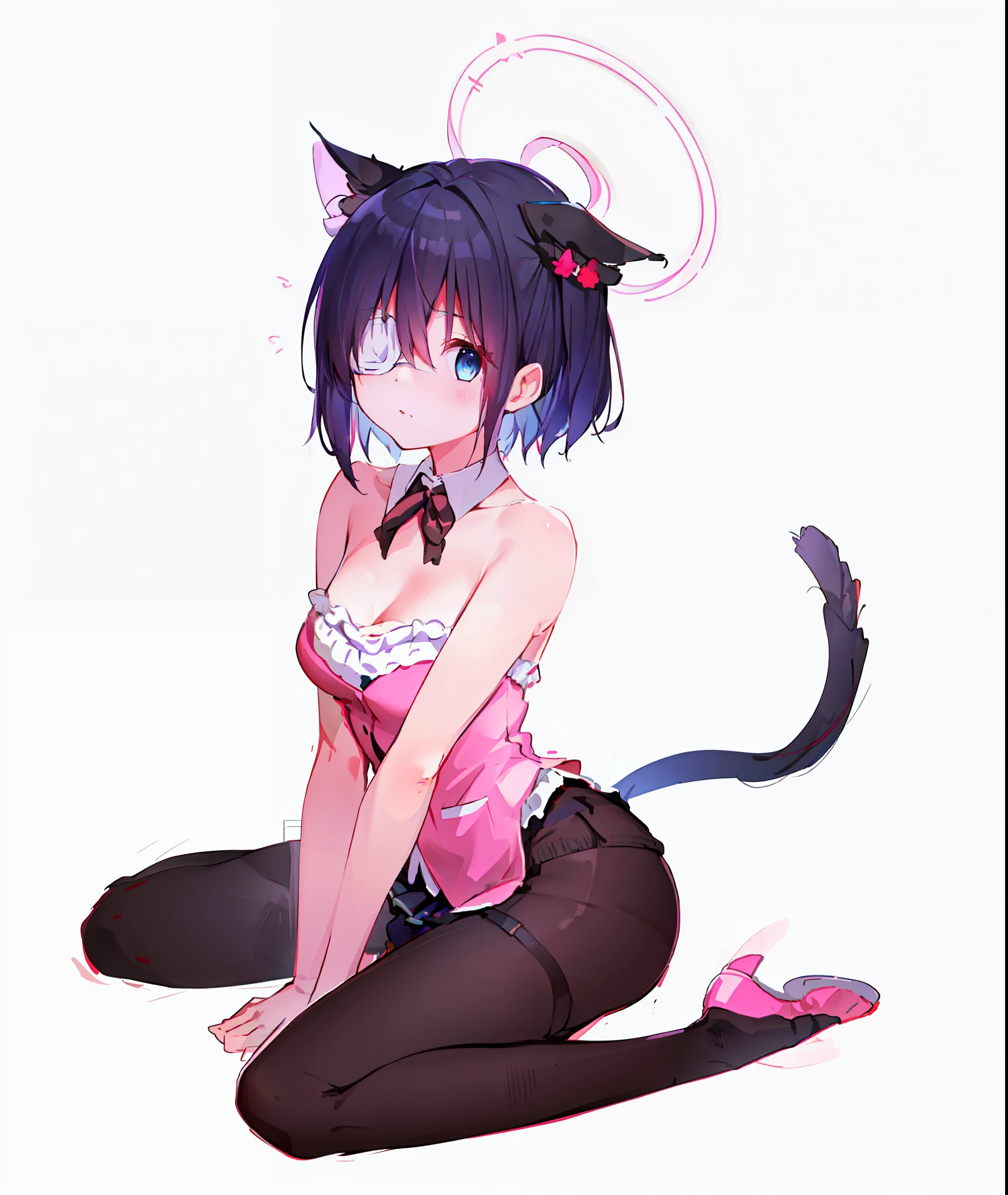 high res, masterpiece,Rikka Takanashi, black hair, solo, 1girl,outside,deatailed background, detailed eyes, ((blue eyes)), eyepatch