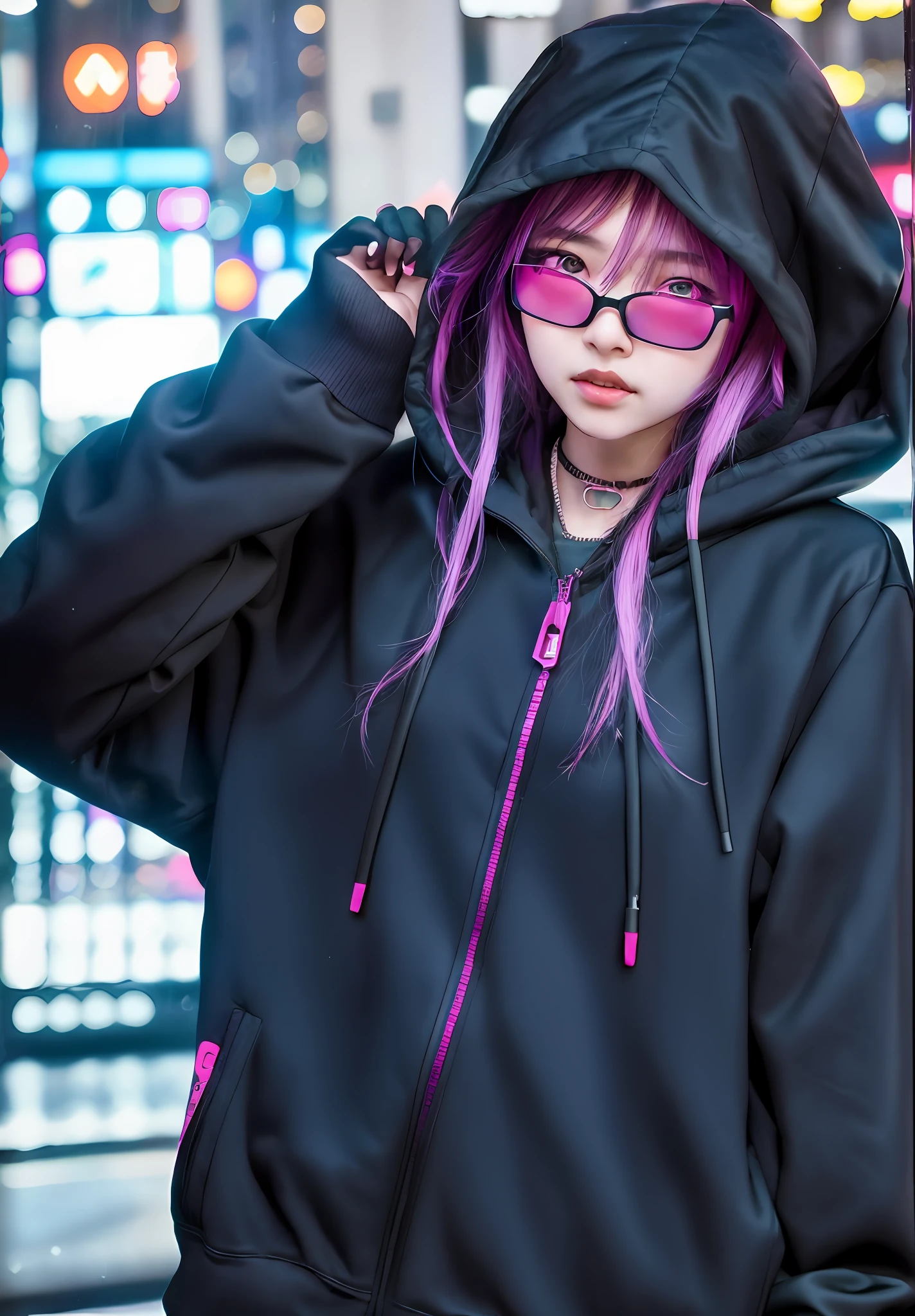 araffe wearing a black hoodie and pink sunglasses in a city, cyberpunk anime girl in hoodie, wearing cyberpunk streetwear, cyberpunk streetwear, she is wearing streetwear, photograph of a techwear woman, portrait of jossi of blackpink, in cyberpunk style, cyberpunk vibe, dreamy cyberpunk girl, ulzzang, techwear look and clothes, cyberpunk wearing, cyberpunk look