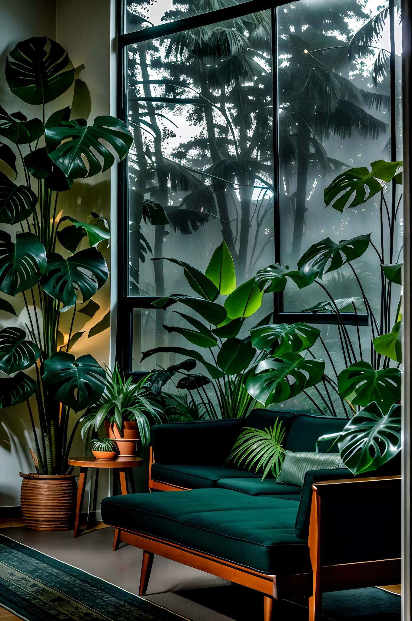 midcentury modern living room dimly lit with dark rainy evening outside, (foggy rainy evening:1.2), pacific northwest, (dim lighting:1.4), (moody lighting:1.2), plants, large plants, rainy, monstera, many plants, (foggy windows:1.2), masterpiece, best quality, twilight hour, (nighttime:1.4), rainy evening, after sunset,