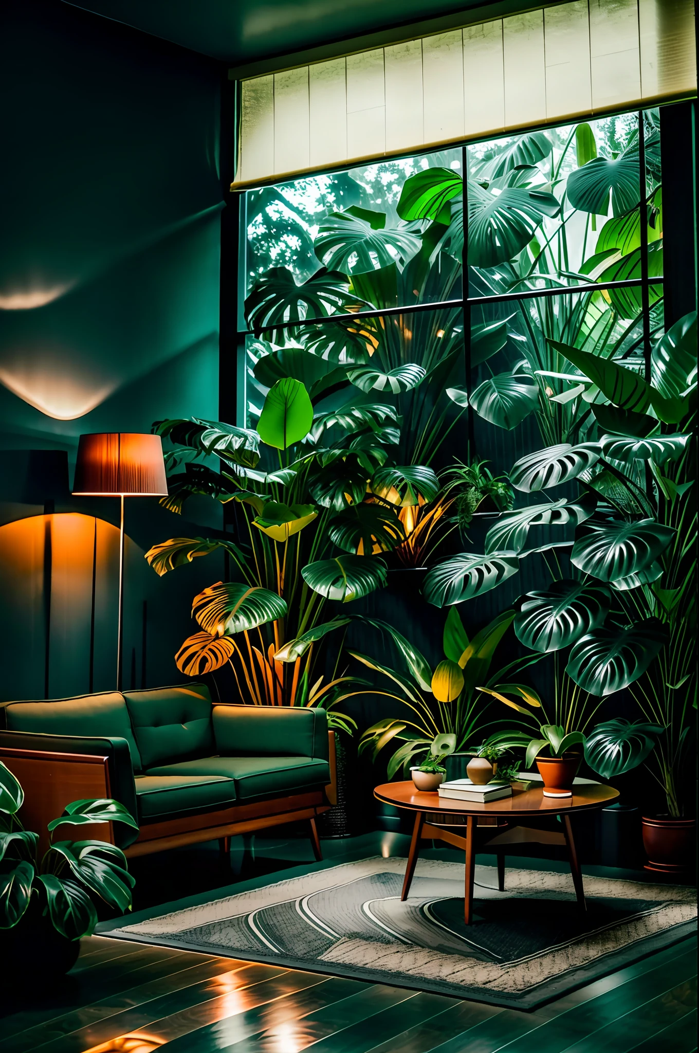 midcentury modern living room dimly lit with dark rainy evening outside, (foggy rainy evening:1.2), pacific northwest, (dim lighting:1.4), (moody lighting:1.2), plants, large plants, rainy, monstera, many plants, (foggy windows:1.2), masterpiece, best quality, twilight hour, (nighttime:1.4), rainy evening, after sunset,