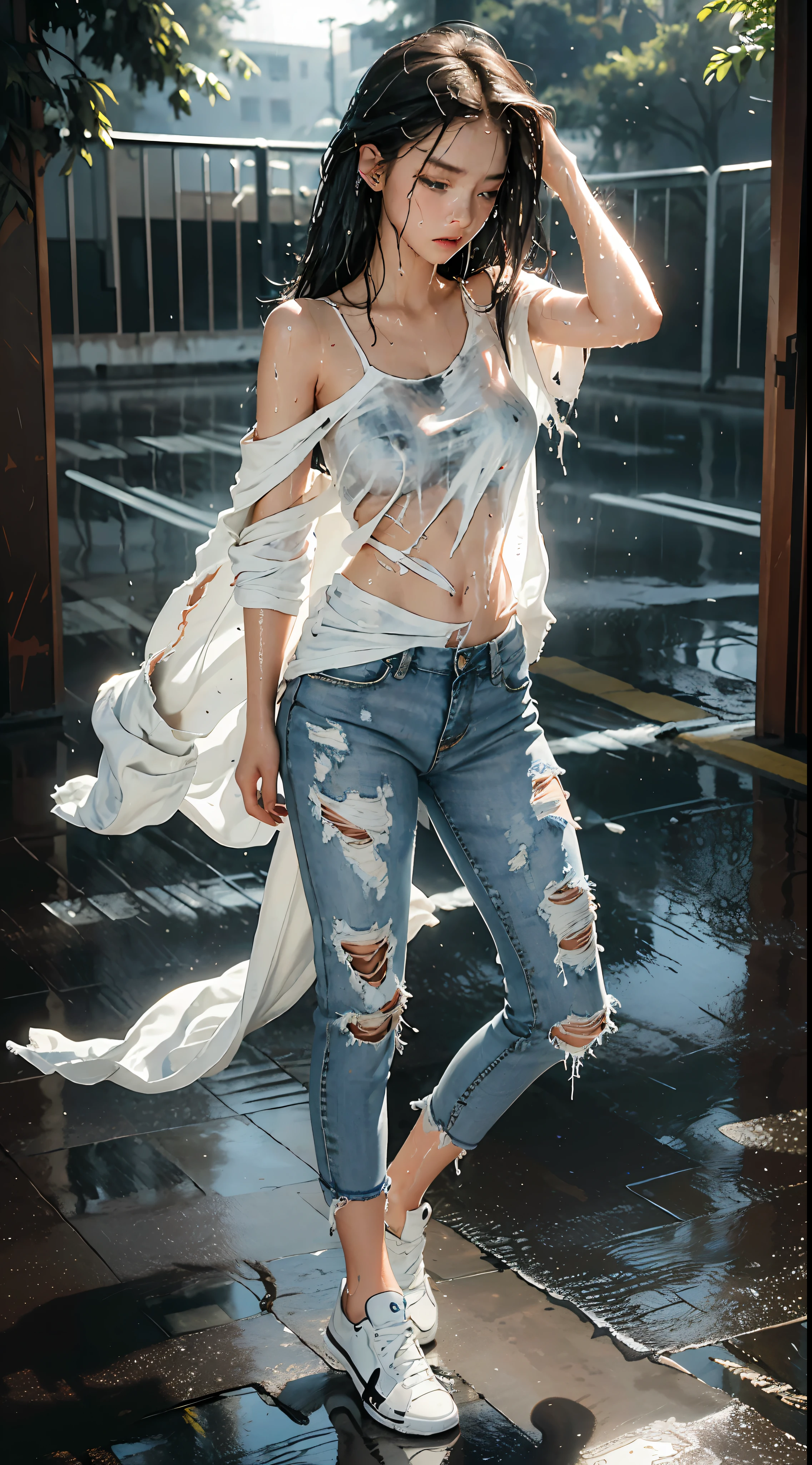 best image quality, masterpiece, super high resolution, (fidelity:1.4), photo, 1 girl, white shirt, torn jeans, white sneakers, dim, darkness, despair, pity, poor, movie, tears, teardrops, (torn clothes:1.5), (wet clothes:1.4), bare shoulders, real rain, wet hair,..