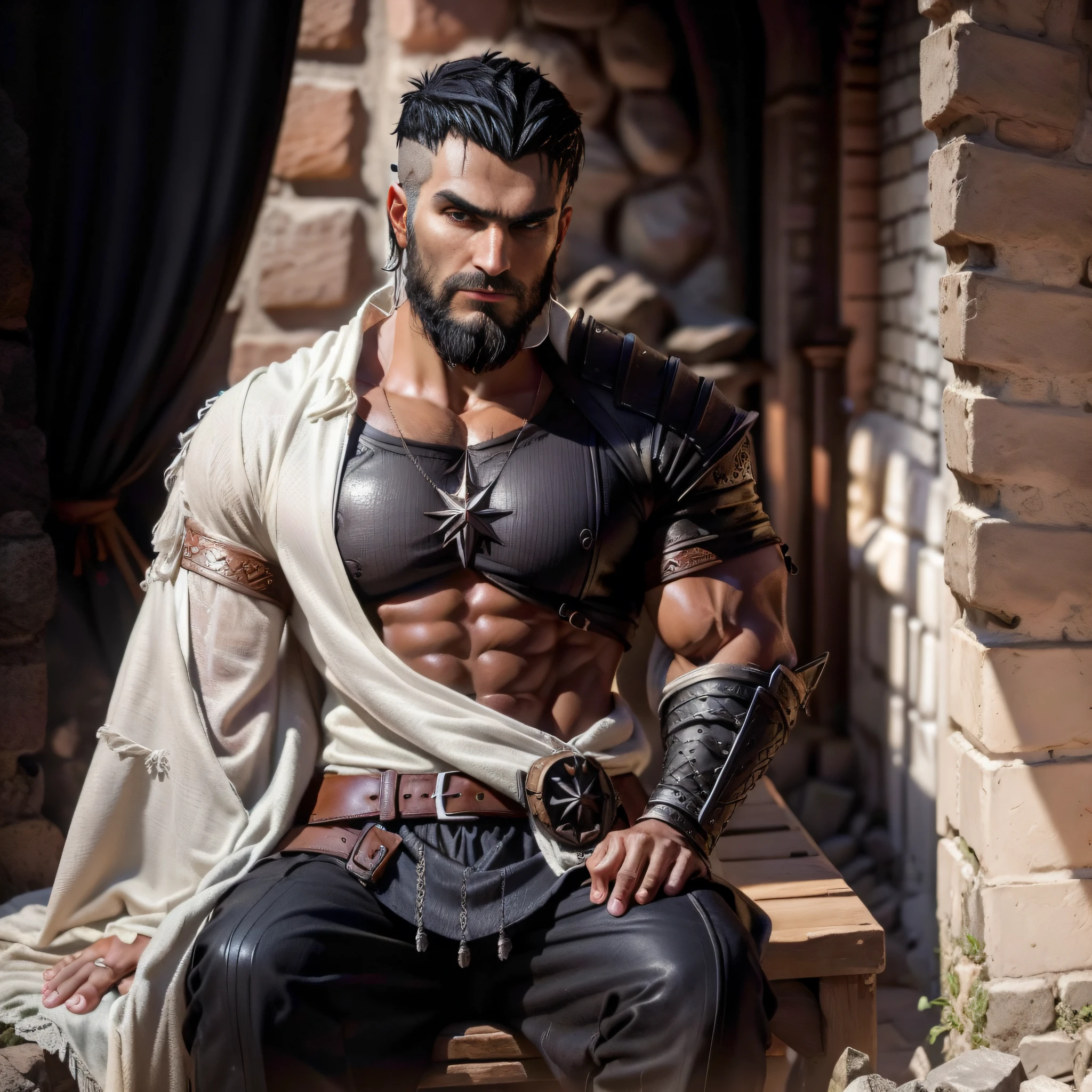 Create 1 wizard man, from The Witcher universe, strong, young, handsome, short black hair shaved on the side(dark hair), straight face without hair on the face(no beards), white skin, full body, beautiful, 8k quality, realistic, detailed face, realistic