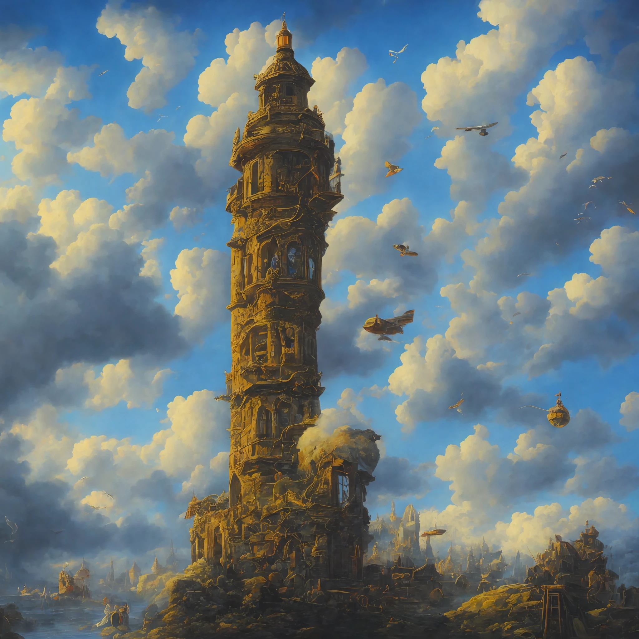 Kuusoogai, oil painting style, city in the clouds with bell tower, flying machine, dull colors, (masterpiece, top quality, best quality), blue sky