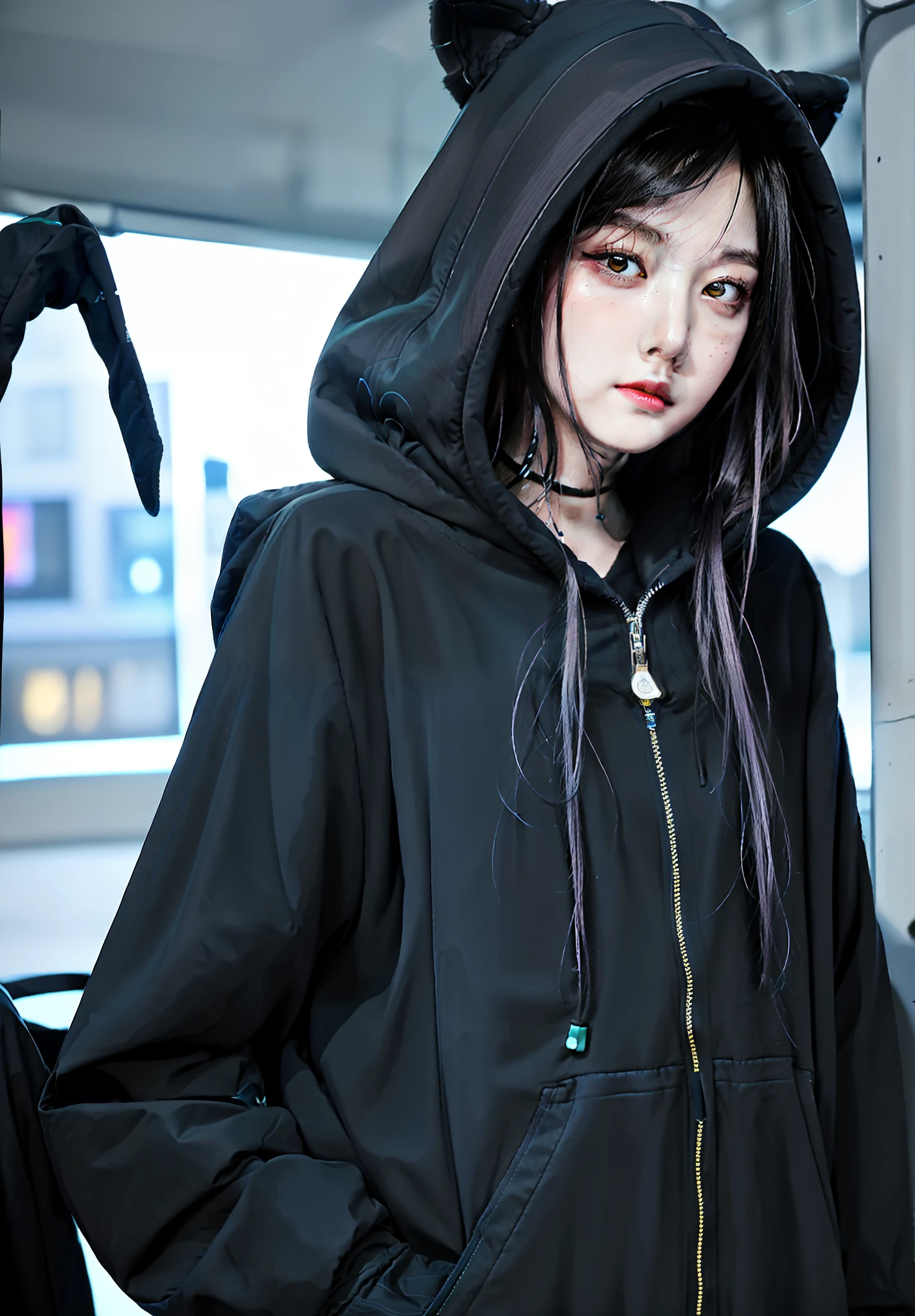 masterpiece, best quality, 1girl, photorealistic, 20 years old woman, ultra detail, black hoodie, black mask, full body, standing ashetic pose, smooke effect, blue futuristic particle, futuristic, hair to front, forehead, wearing hoodie, looking at another view, outdoor, lonely city night, smog, sideways face, short lagging, beautifull woman