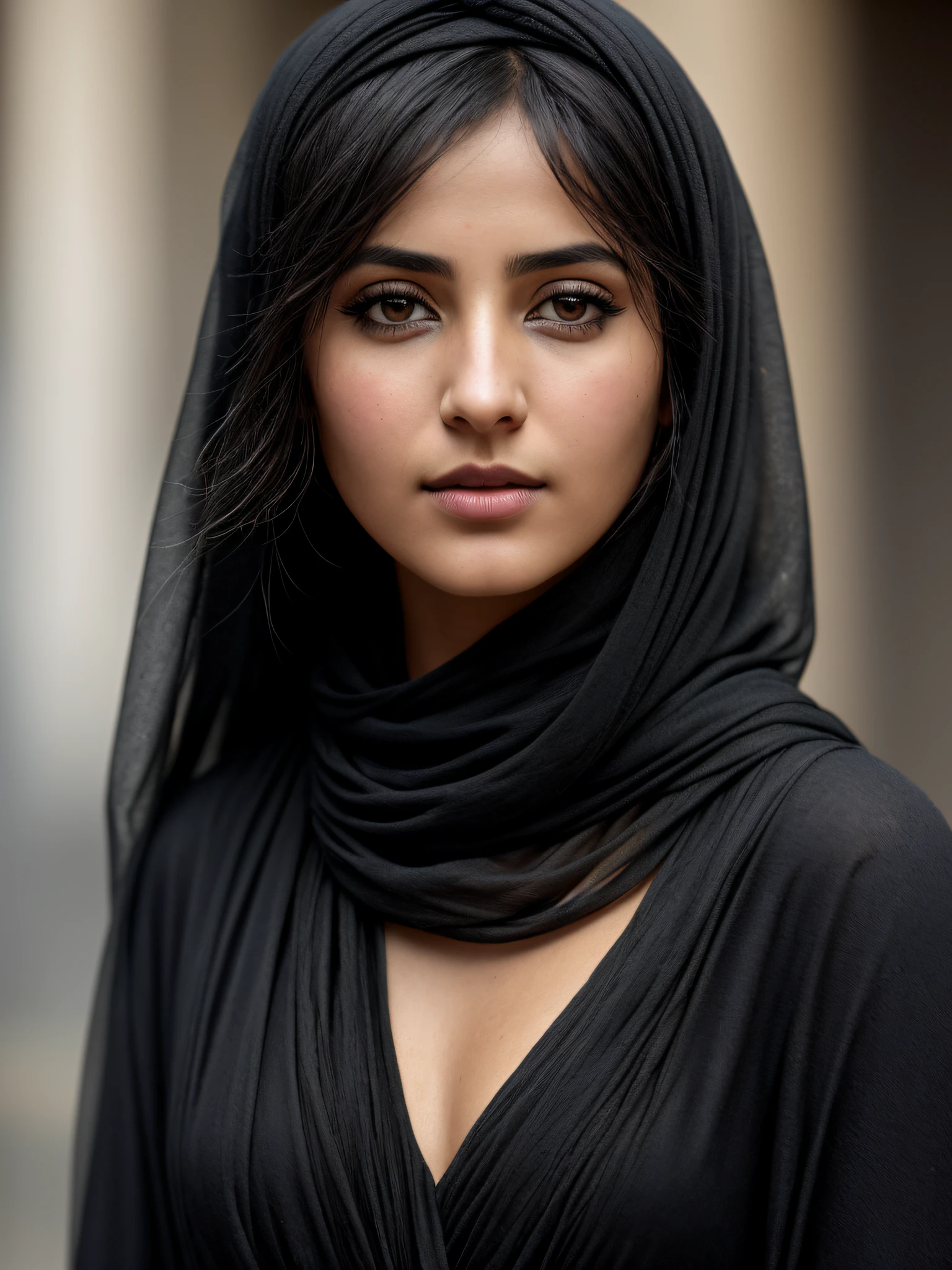 closeup of aThe Syrian WOMAN of ancient times, black hair with turban,old syrian city, natural skin texture, 24mm, 4k textures, soft cinematic light, RAW photo, photorealism, photorealistic, intricate, elegant, highly detailed, sharp focus, ((((((cinematic look)))), soft tones, insane details, intricate details, hyperdetailed, low contrast, soft cinematic light, dark colors, exposure mix,  hdr, faded