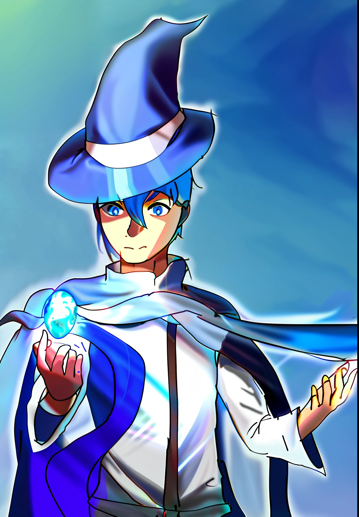 a drawing of a man in a hat and cape holding a book,carrying a magical energy in one of his fingers,a blue energy, perfect lineart, simple lineart, young wizard, wizard t-pose, lineart, clean lineart, thick lineart, male magical wizard t-pose, young human mage, half summoner half megumin, sharp lineart, an arcane mage casting a spell, blue hair,blue hat,dark blue cloak,light blue brusa,scenery of a forest behind him