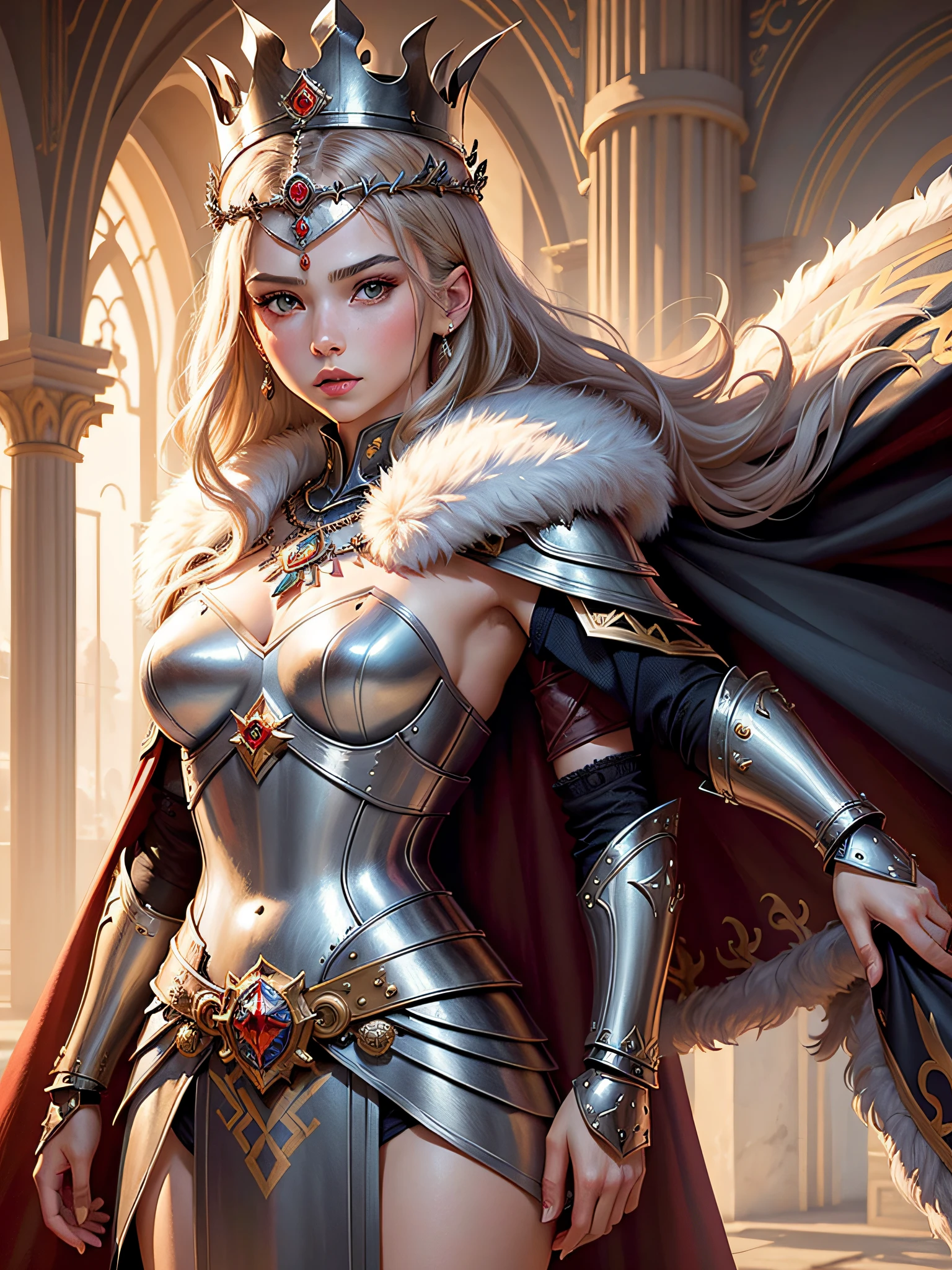 (masterpiece, top quality, best quality, official art, beautiful and aesthetic:1.2), (1girl), (warrior queen armor, fur-lined cape, jeweled crown:1.2),serious