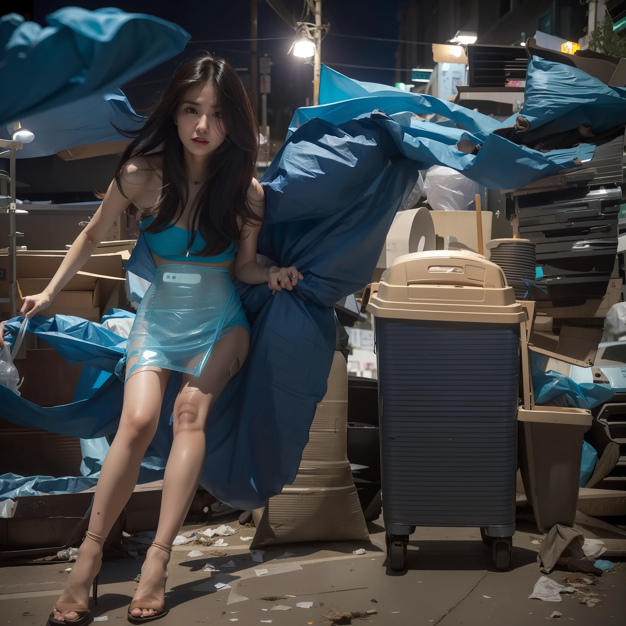 alluring stuning gorgeous posing japanese drunk homeless sexy business lady weared on naked ((dirty)) light blue plastic garbage bag, ripped light blue plastic garbage bag under wear, intricate enviroment, intricate texture of skin, food waste, trash, garbage, little dead rat , night, night street lights, carton boxes, cute face, sexual intention, normal legs