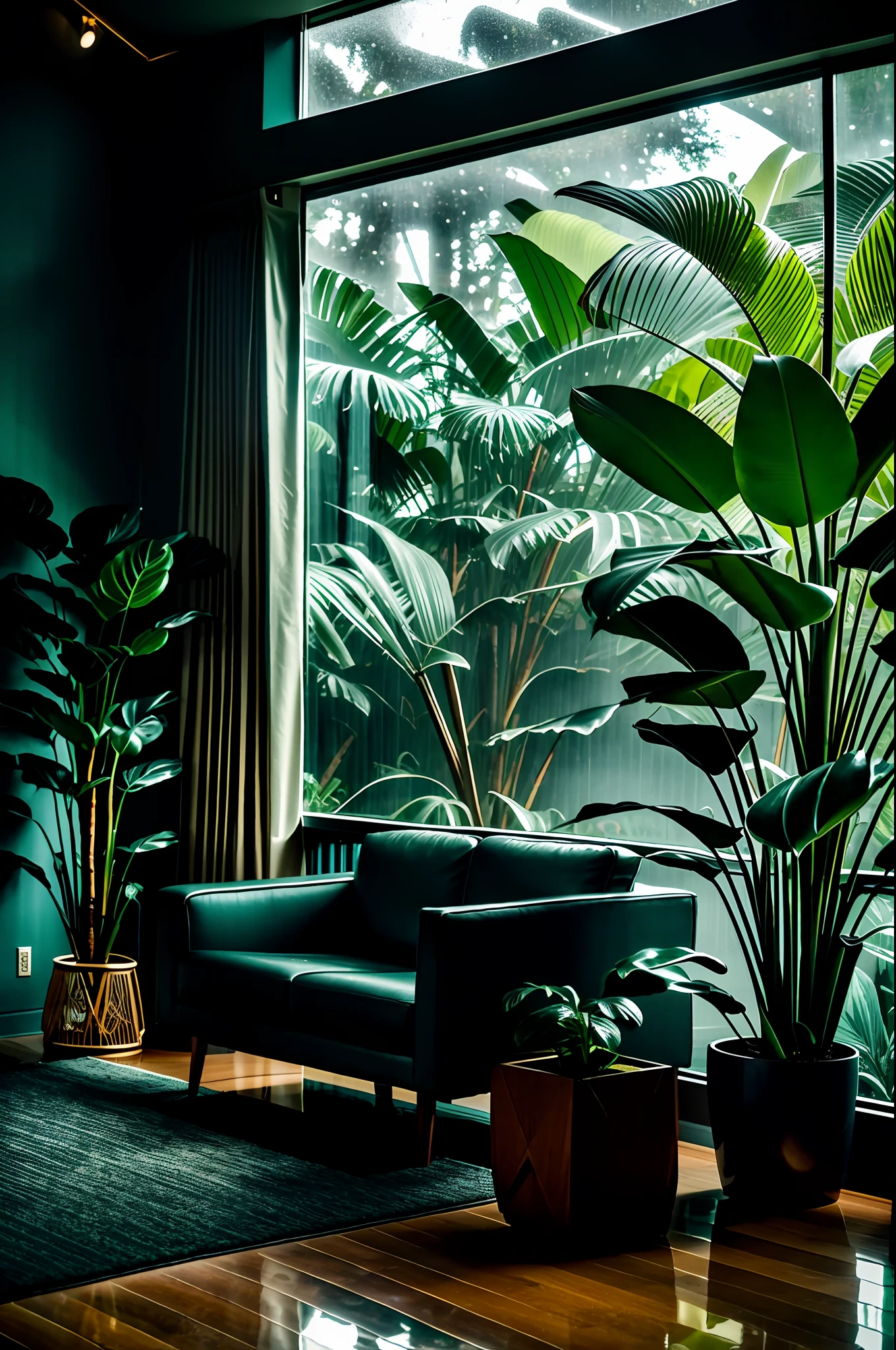 midcentury modern living room dimly lit with dark rainy evening outside, (foggy rainy evening:1.2), pacific northwest, (dim lighting:1.4), (moody lighting:1.2), plants, large plants, rainy, monstera, many plants, (foggy windows:1.2), masterpiece, best quality, twilight hour, (nighttime:1.4), rainy evening, after sunset,
