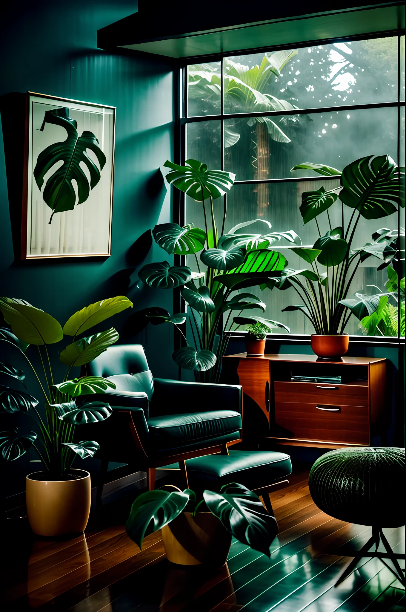 midcentury modern living room dimly lit with dark rainy evening outside, (foggy rainy evening:1.2), pacific northwest, (dim lighting:1.4), (moody lighting:1.2), plants, large plants, rainy, monstera, many plants, (foggy windows:1.2), masterpiece, best quality, twilight hour, (nighttime:1.4), rainy evening, after sunset,