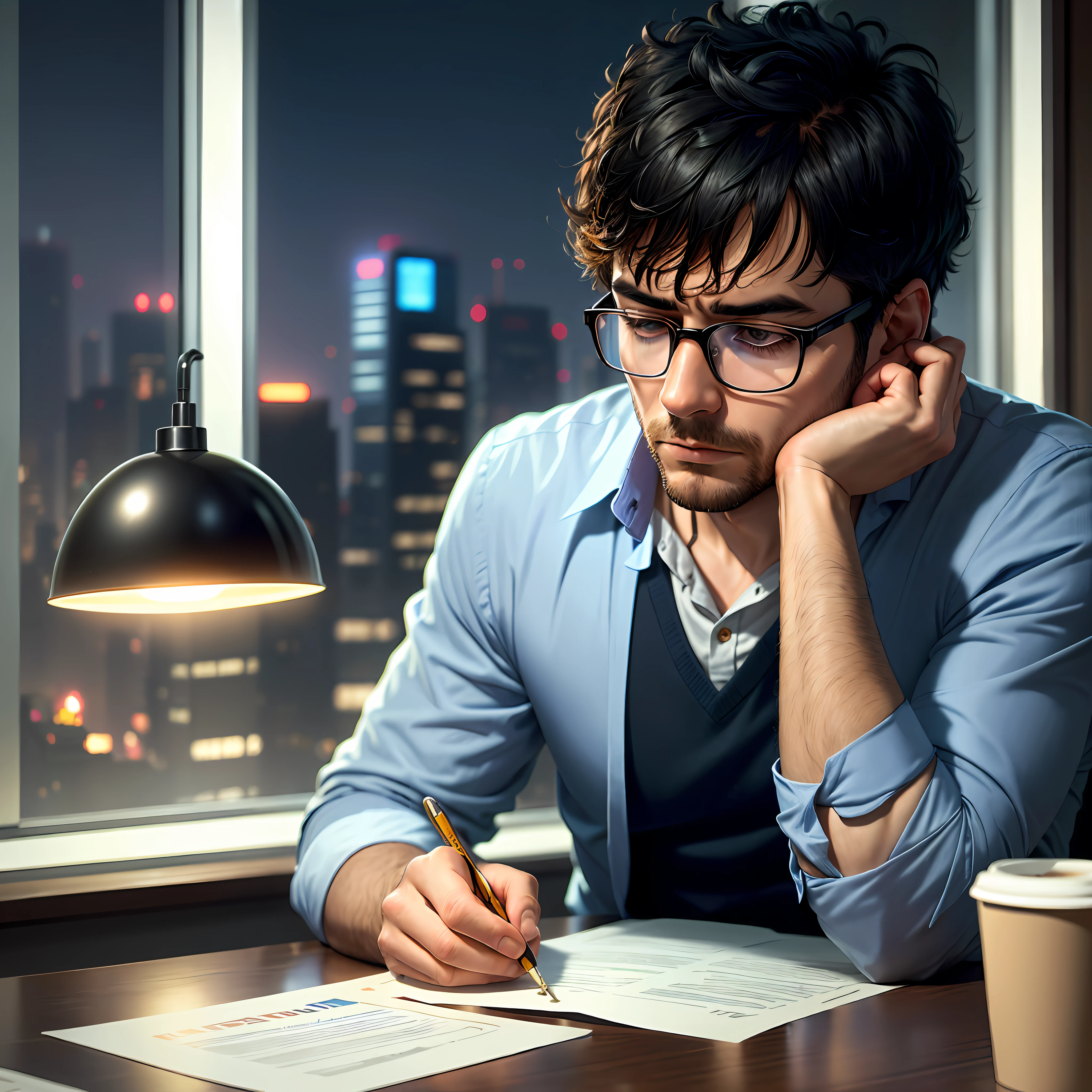 (extremely detailed CG high-definition illustration, top-tier masterpiece),(oppressive office, dim lighting, panoramic shot of a man sitting at a desk surrounded by piles of files),(exhausted and tired, with short black hair and glasses, resting his head on his hand as if in deep thought, opening a laptop, with a smoking coffee beside him, close-up shot emphasizing his fatigue),(night view of the city outside the window)