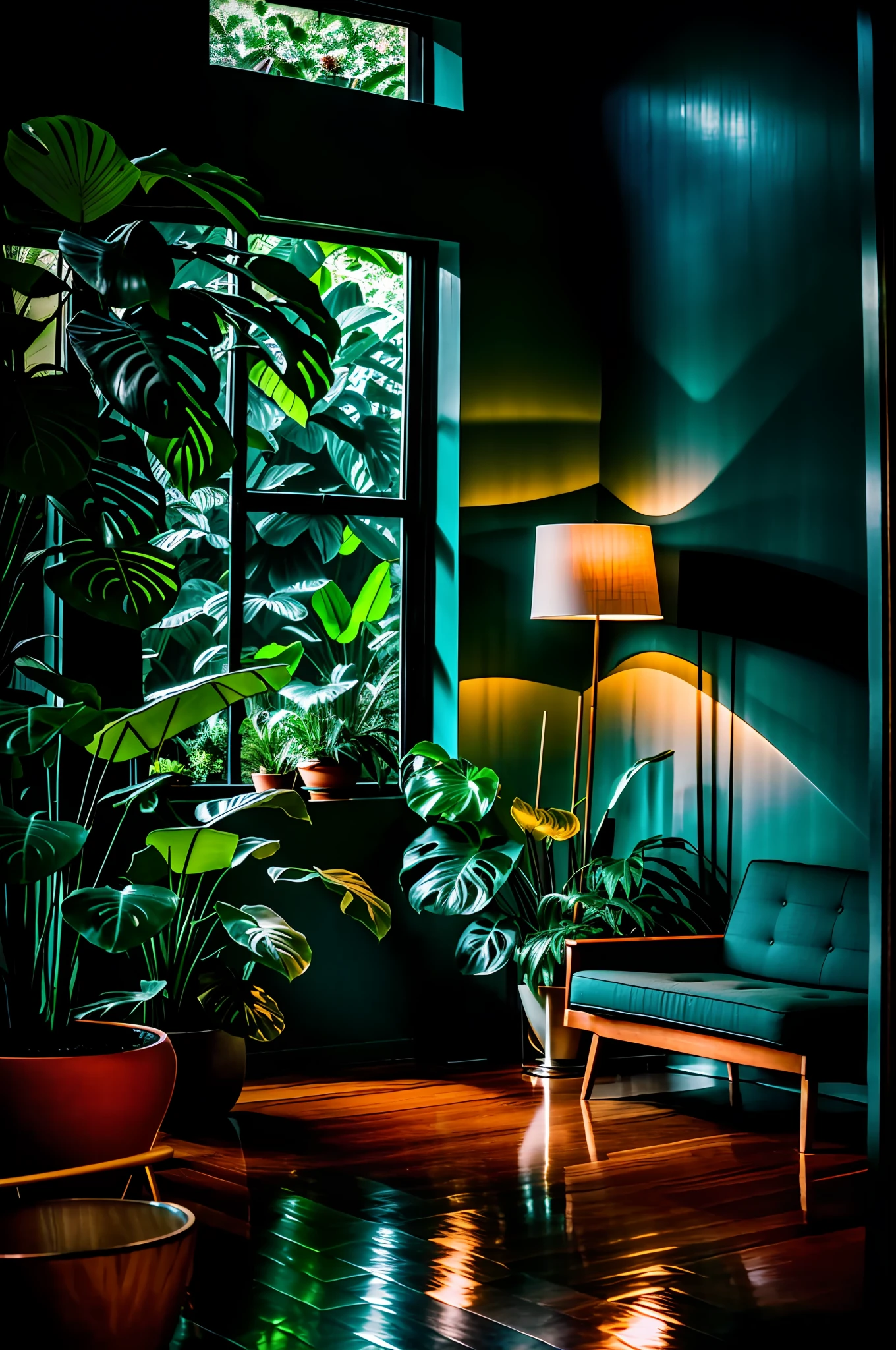 midcentury modern living room dimly lit with dark rainy evening outside, (foggy rainy evening:1.2), pacific northwest, (dim lighting:1.4), (moody lighting:1.2), plants, large plants, rainy, monstera, many plants, (foggy windows:1.2), masterpiece, best quality, twilight hour, (nighttime:1.4), rainy evening, after sunset,