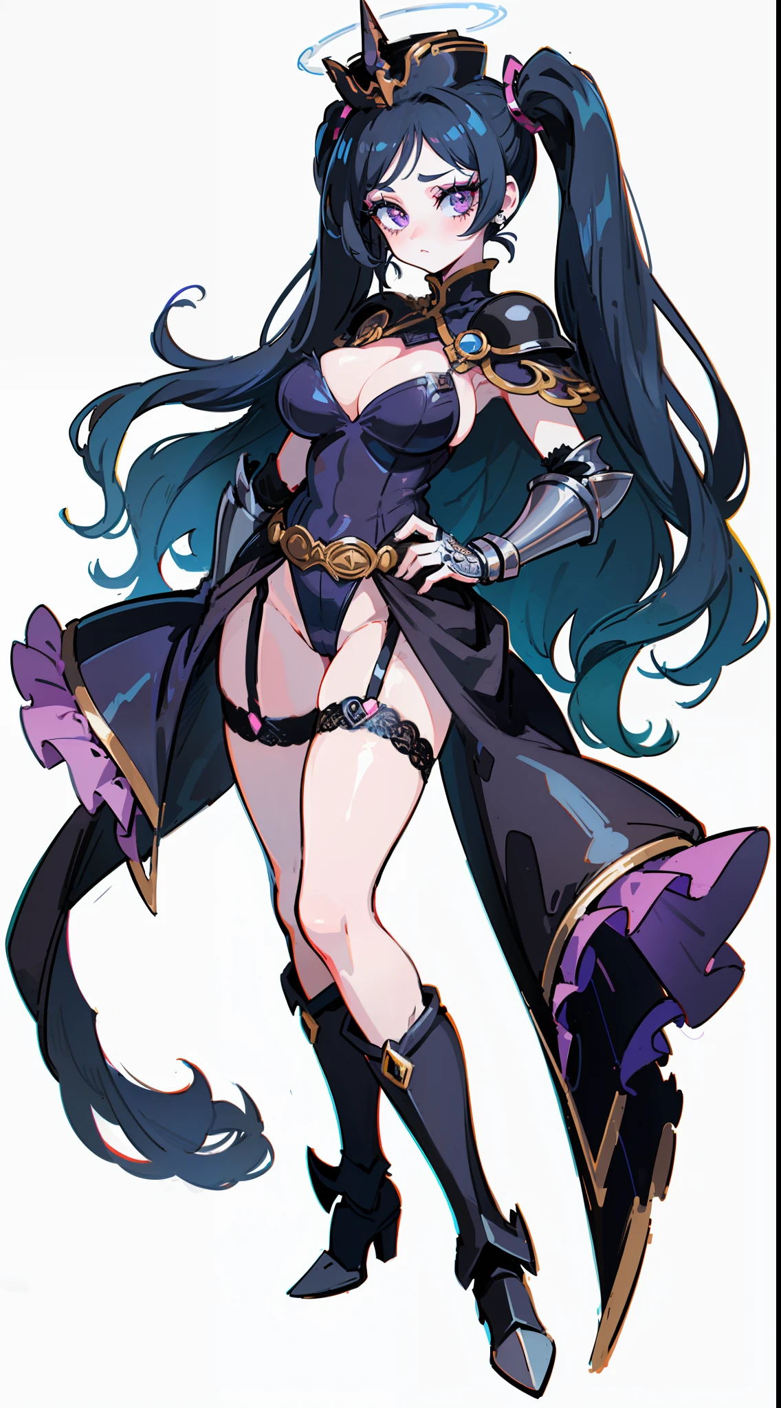 "(masterpiece), best quality, NSFW,
1girl, (80s anime style:1.5), (eyelashes:1.5),
(intricate high detailed body:1.2),
black hair,
(forehead:1.2), (twintails, drill hair:1.1),
purple eyes,
(pale skin:1.2),
(large breasts:1.2),
shy, blush,
(see-through clothing leotard, cleavage cutout:1.2),
(knight armor, armored boots, capelet:1.2),
(garter belt:1.2), earrings, gauntlets, hat,
(dynamic pose1.1),
(full body1.1),
(simple white background:1.3)"