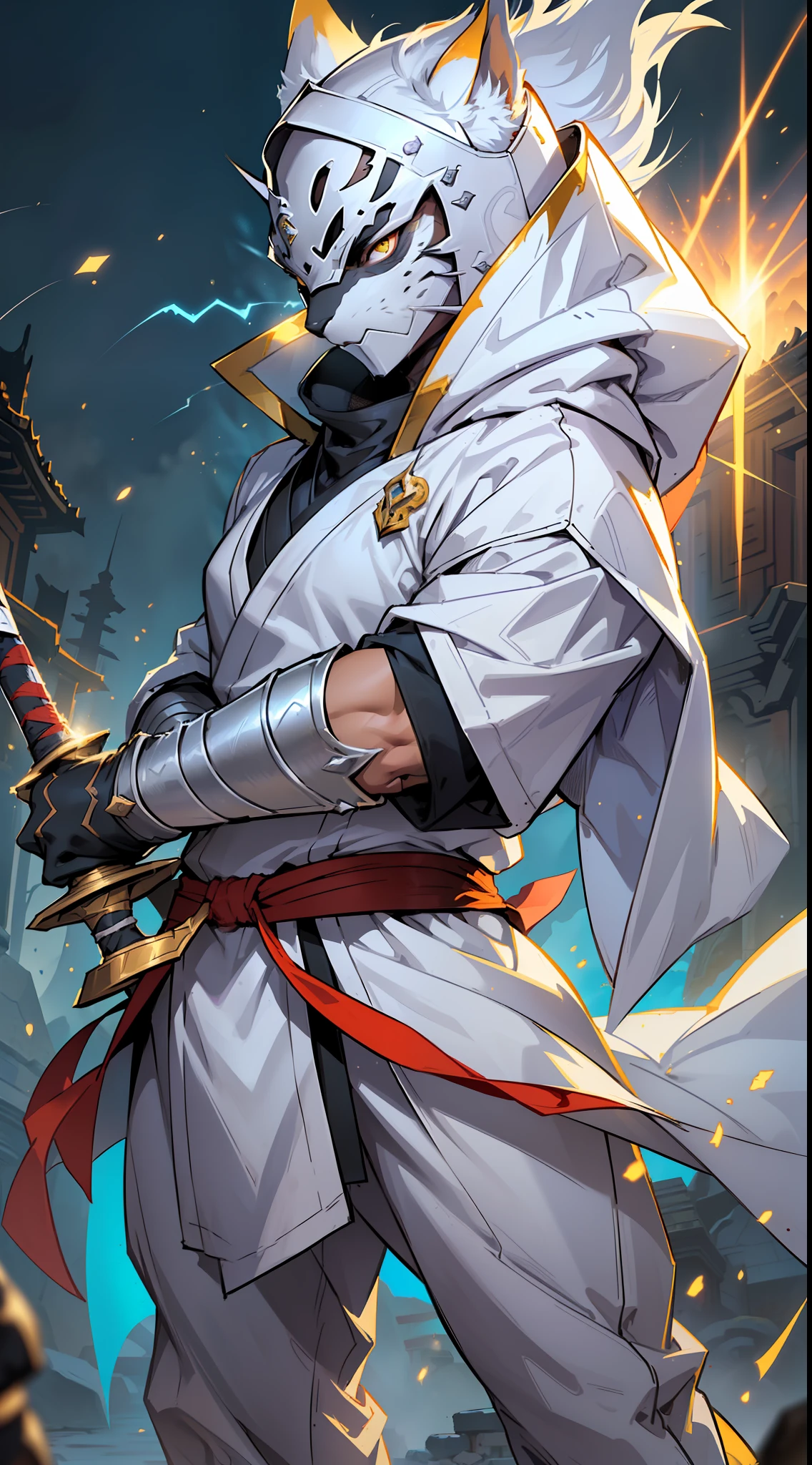 (extremely detailed 8k wallpaper:1.2), (best quality:1.2), (adventure and fantasy theme), profile (Paizo Pathfinder RPG character and Dungeons & Dragons), (catman), (((catfolk race))), strong, sharp focus, (subsurface scattering:1.1), award-winning photography, ((White Ninja Paladin Catman Class:1.3)), ((full body shot:1.1)), centered face, white-furred feline head, yellow eyes:1.2, ((((white costume of ancient ninja))))), oriental weapon in hand, fighting pose, (((particles of energy shining on the whole character))) (standing in front of oriental monastery:1.3), (very detailed background:1.2),dramatic lighting, sfw