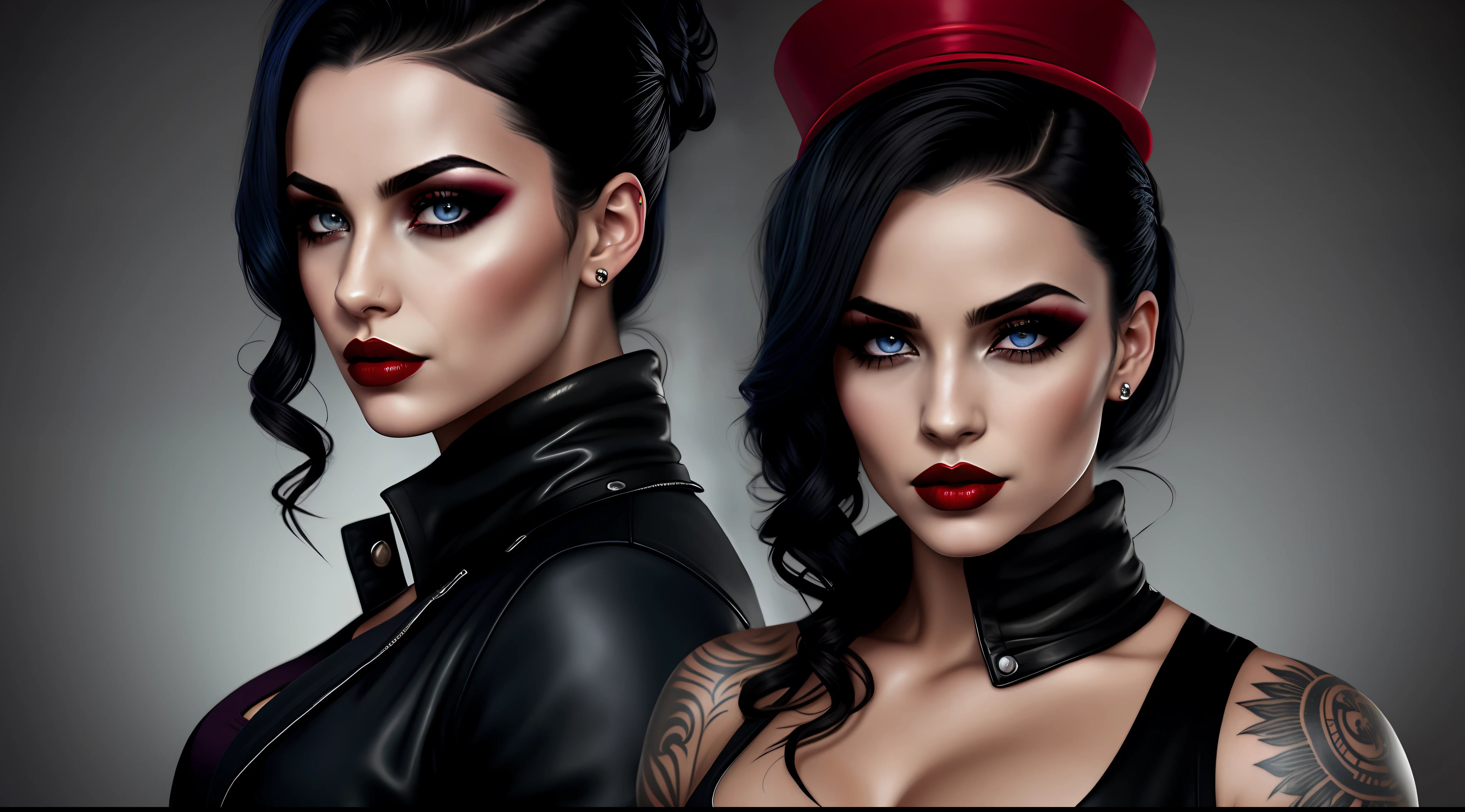 Gang leader, female, London year 1814, cloudy, athletic physique, no clothes, leaked, tattoos on torso, matte top hat, shrewd look, rough look, cinematic, 6d cannon, octane render, vintage aesthetics, mysterious aura, dark atmosphere, detailed face, mysterious aura, glowing skin, short black hair, detailed intense blue eyes, arched eyebrows, dark makeup, full lips, deep red lipstick, full body, WLOP