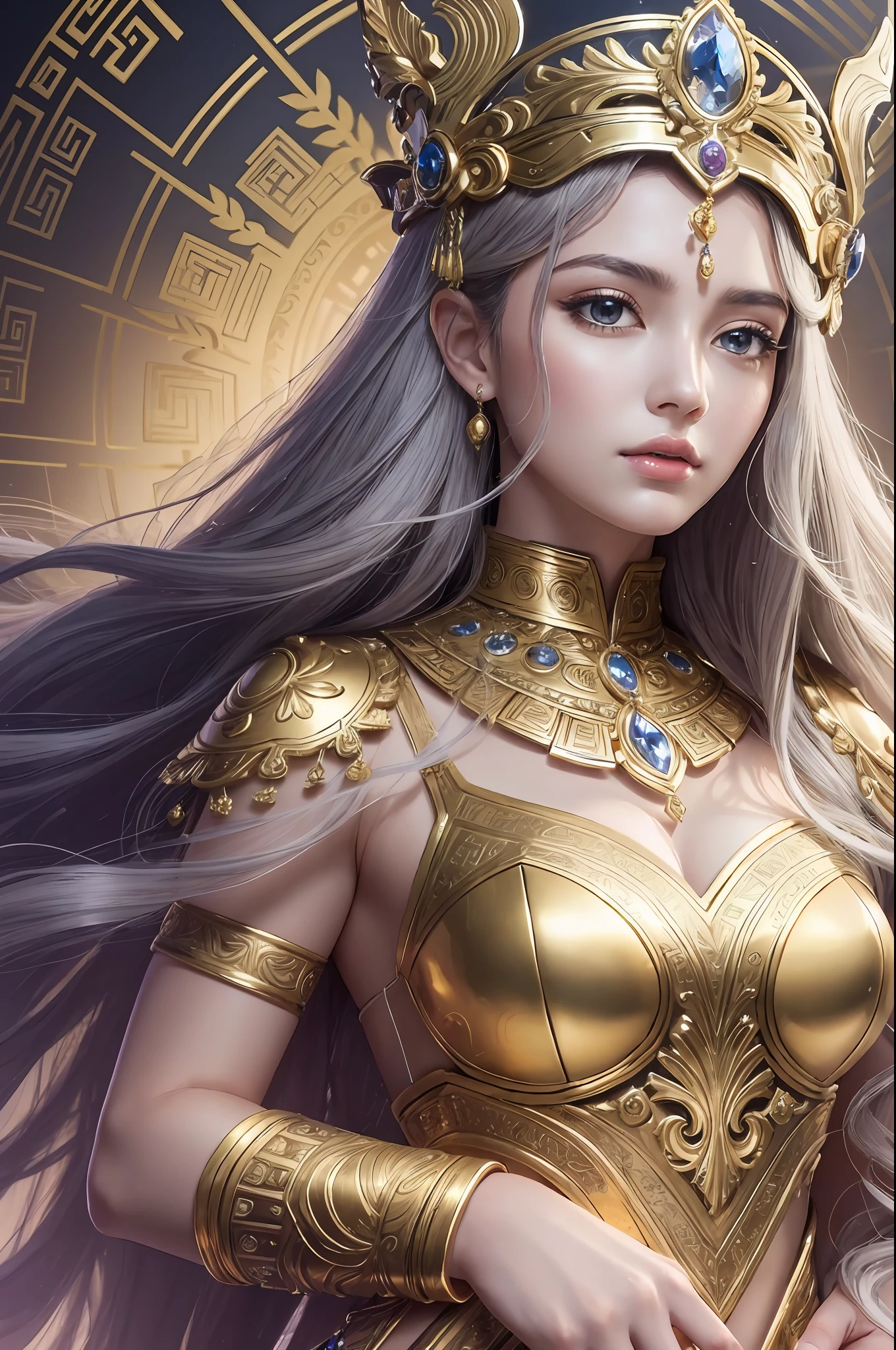 Absurd, ultra-detailed, high quality, masterpiece, detailed face, beautiful eyes, Athena, the goddess of wisdom and warfare, possesses a beauty that emanates strength, grace, and wisdom. eyes are piercing and sharp, shimmering with an intense brilliance that reflects her keen intellect and strategic mind. They hold a depth of wisdom and a hint of mystery. face is a vision of serene determination, with high cheekbones and a perfectly sculpted jawline that reflect her inner strength. Her skin, smooth and radiant, carries a warm and noble glow that symbolizes her divine nature. Athena’s hair, often described as a flowing cascade of shimmering strands, can range in color from the softest silver to a lustrous, deep chestnut with a golden crown.