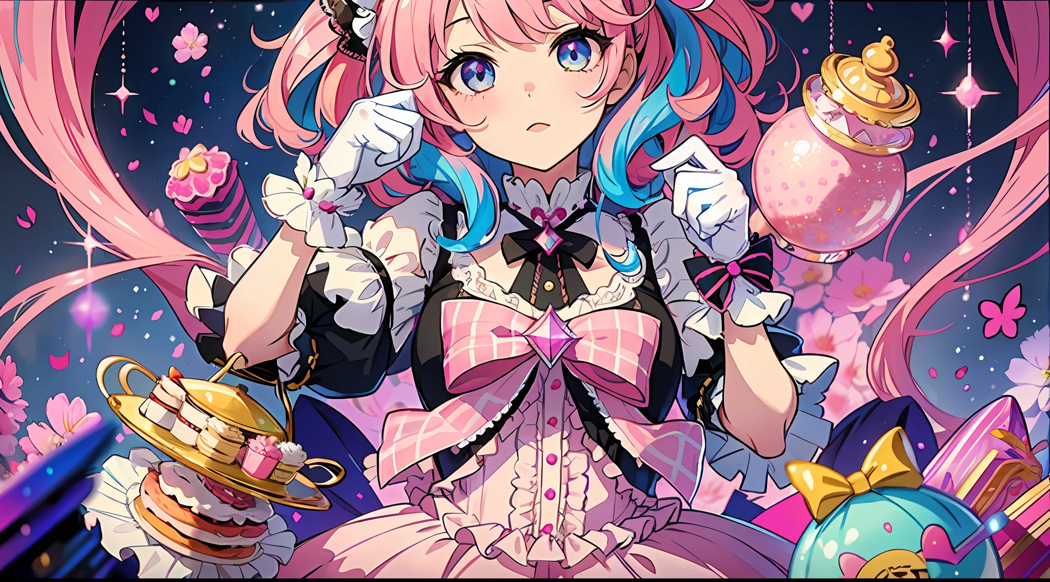 1girl, extreme detail, ta, loliashion, frills, intricate and gorgeous, gloves, afternoon tea, ponette hat, curly hair, macarons, cream, colorful, pink hair, blue hair, gradient pick dye, candy, shiny crystal, shiny, light particles, dynamic pose, dramatic composition, candy hair accessories, colorful dresses, pearls, flowers, embroidery, gem-set