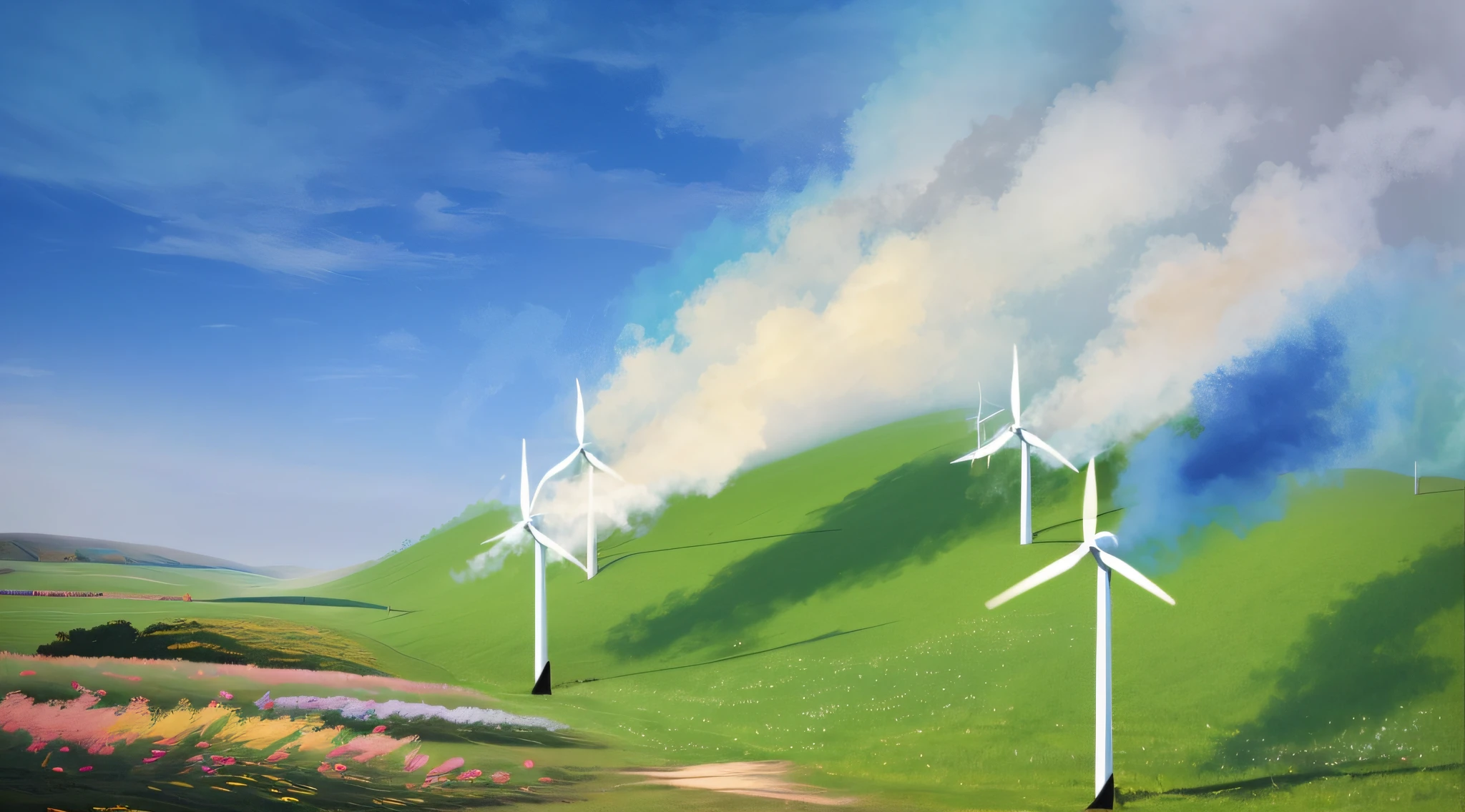 There are many wind turbines on site with blue sky, wind turbines, turbines, wind, windmills, renewable energy, wind blowing, green energy, wind blowing, turbines, surreal !!!, extremely strong wind, wind turbines, gas, wisps of energy in the air, cloud rotation, cold storms, strong winds, can't believe it's real, gradually dissipating clouds, depth of field, perspective, blue sky in the distance, grass, blue sky, real clouds, movie three-point light and shadow, energy, figurative energy, brilliant and colorful, Strong contrast, ray tracing, HD detail, hyperdetail, cinematic, surrealism, soft light, deep field focus bokeh,