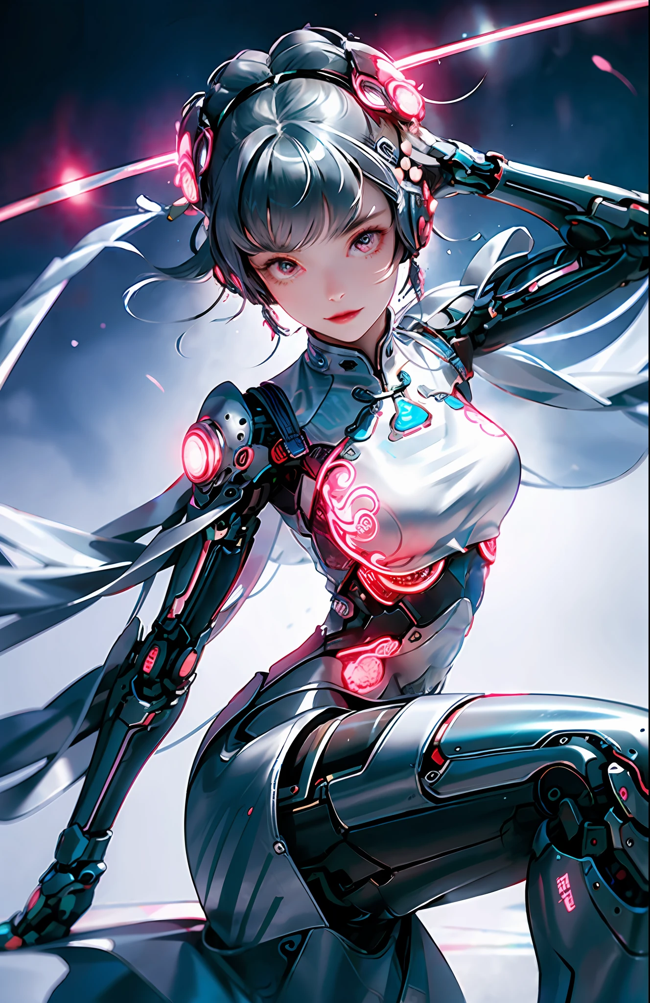1 girl, Chinese_clothes, liquid silver and pink, cyberhan, cheongsam, cyberpunk city, dynamic pose, glowing headphones, glowing hair accessories, long hair, glowing earrings, glowing necklace, cyberpunk, high-tech city, full of mechanical and futuristic elements, futuristic, technology, glowing neon, pink, pink light, transparent tulle, transparent streamers, laser, digital background urban sky, big moon, with vehicles, best quality, masterpiece, 8K, character edge light, Super high detail, high quality, the most beautiful woman in human beings, smiling slightly, face facing front and left and right symmetry, ear decoration, beautiful pupil light effects, visual data, silver-white hair, hair is not messy, long hair over the waist, luminous electronic watch, deep eyes, happy, Chinese graffiti lying down, UHD dashboard, floating data