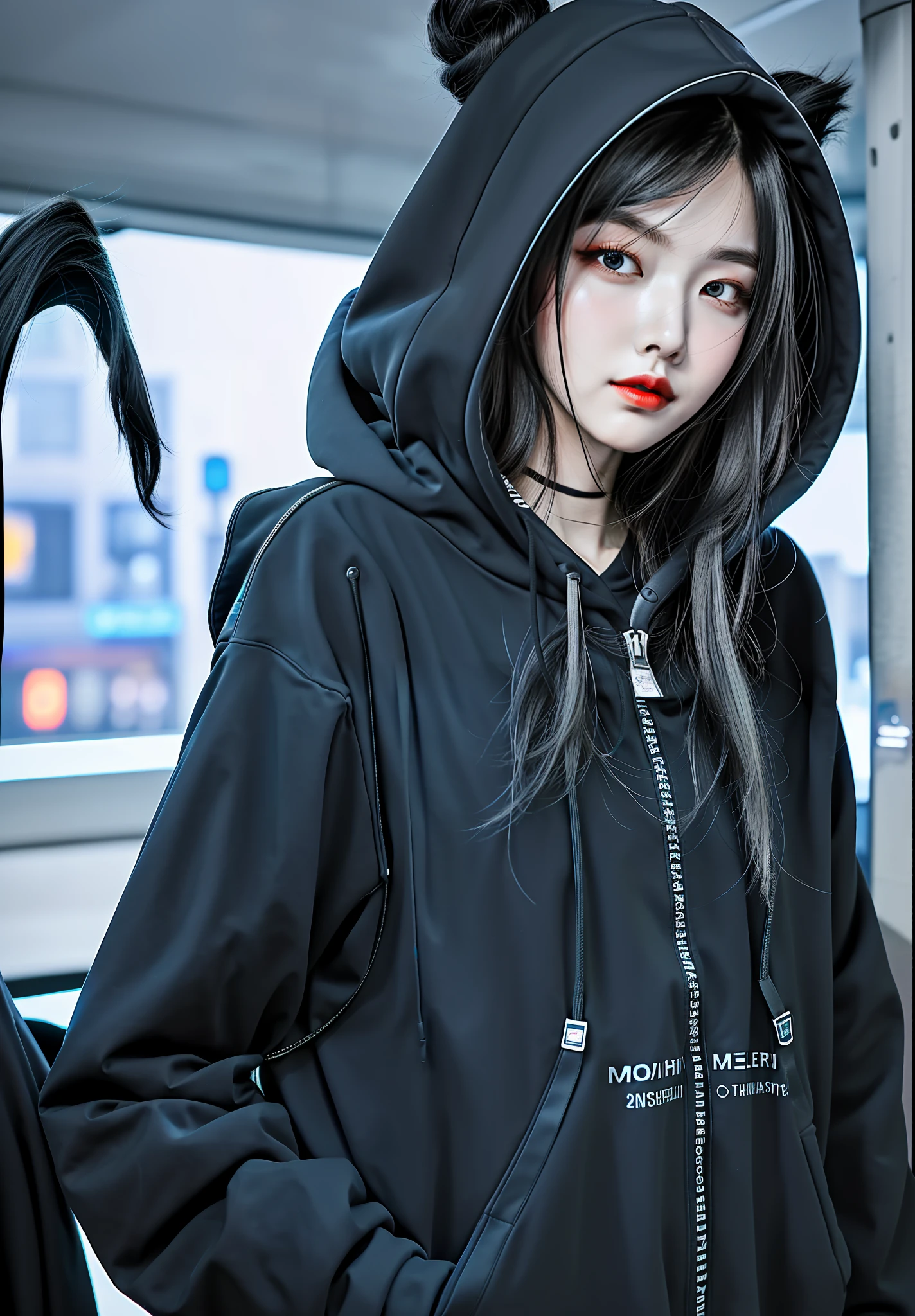 masterpiece, best quality, 1girl, photorealistic, 20 years old woman, ultra detail, black hoodie, black mask, full body, standing ashetic pose, smooke effect, blue futuristic particle, futuristic, hair to front, forehead, wearing hoodie, looking at another view, outdoor, lonely city night, smog, sideways face, short lagging, beautifull woman